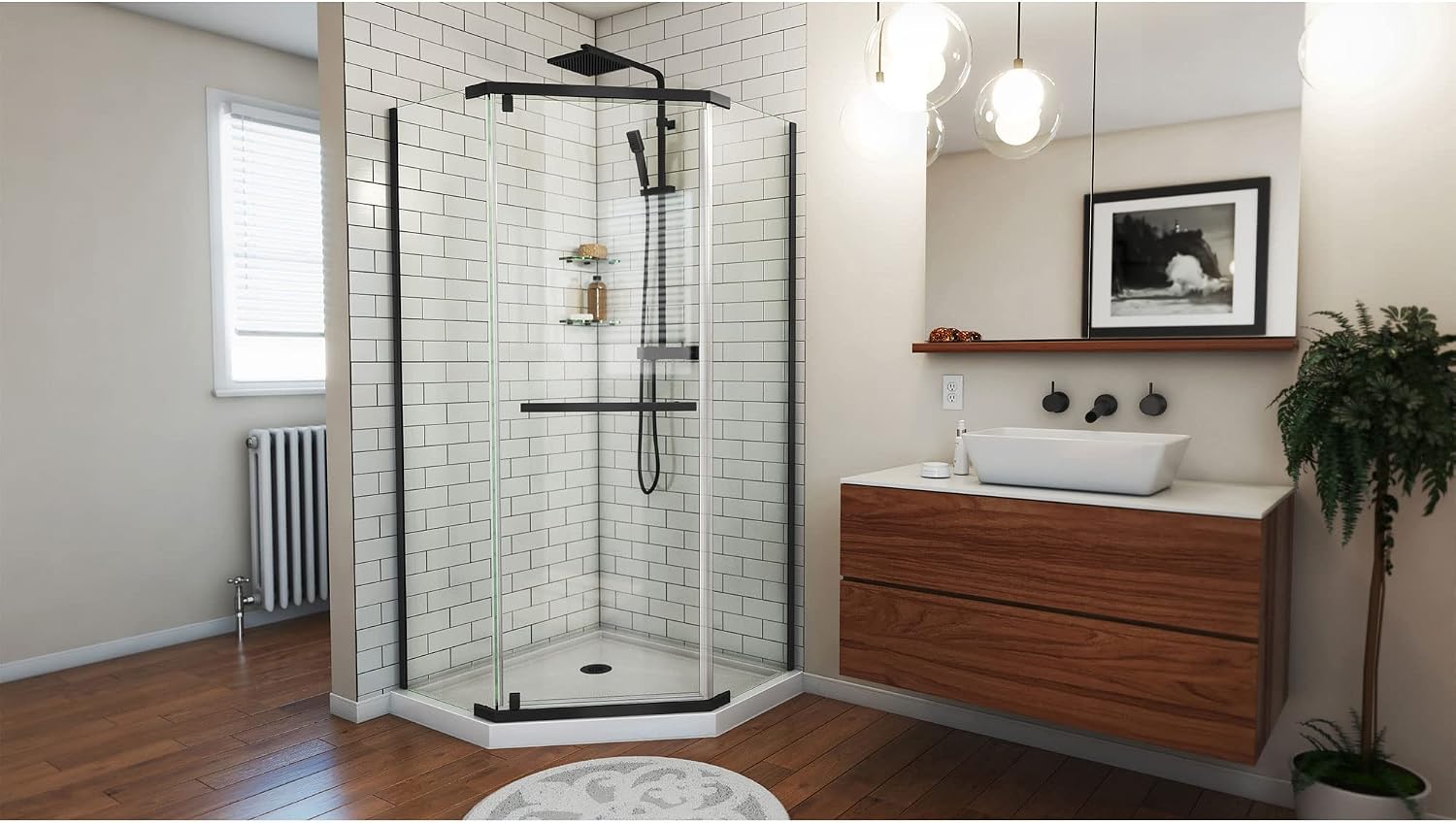 DreamLine Prism 42 inch D x 42 inch W x 74 3/4 inch H Frameless Neo-Angle Pivot Shower Enclosure in Matte Black with White Shower Base Kit