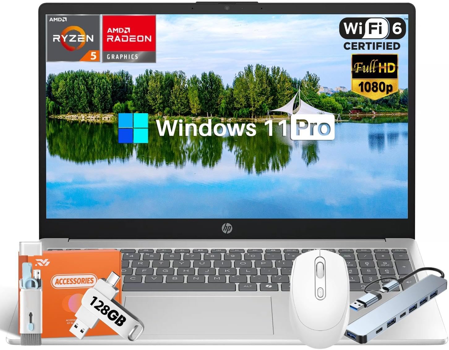 HP 2025 17.3' FHD Laptop, AMD Ryzen 5 7520U (4 Cores, 4.3 GHz), IPS Anti-Glare Display, 8 GB DDR5 RAM, 512 GB PCIe SSD, AMD Radeon Graphics, Copilot AI, Wi-Fi 6, Windows 11 Pro, w/Accessories