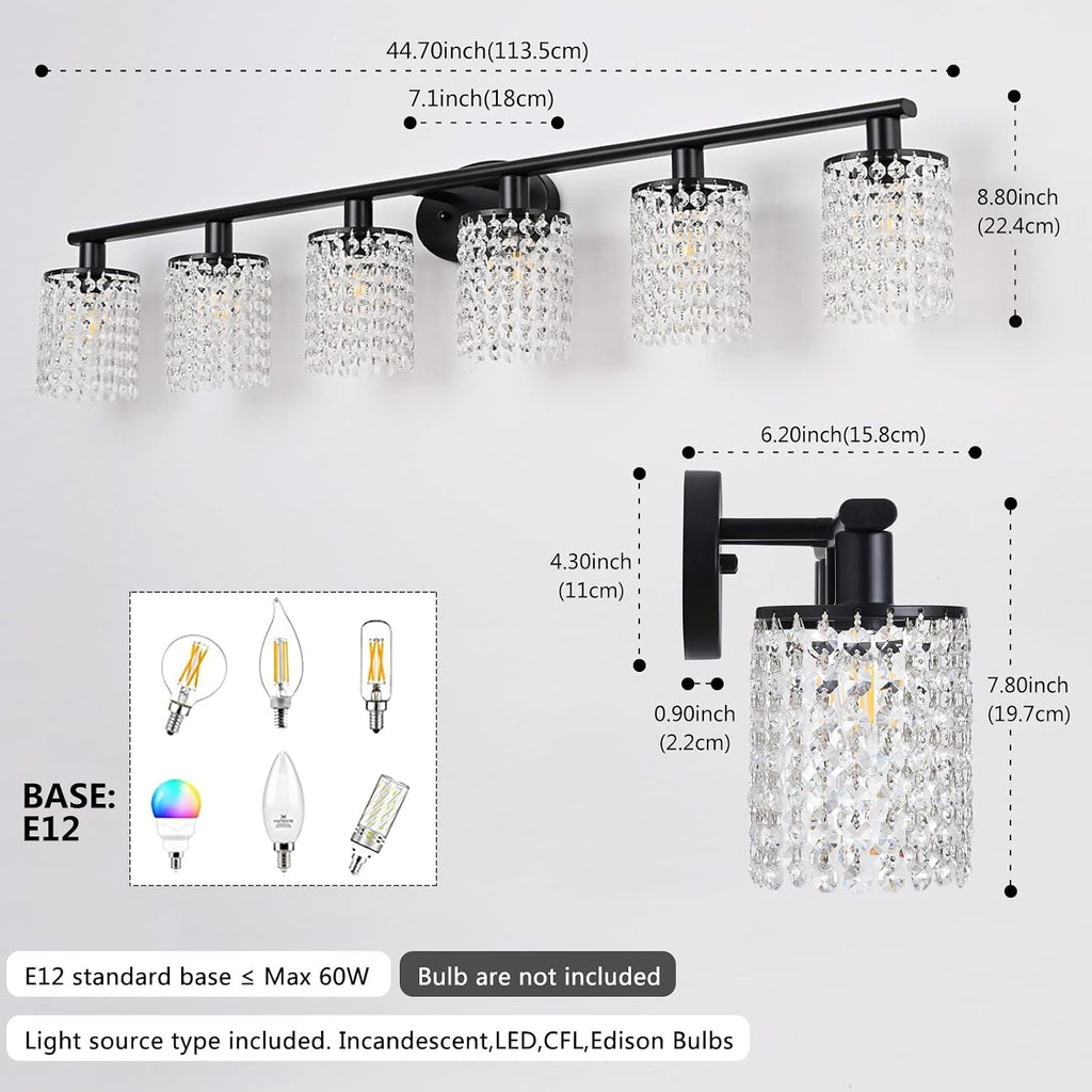 6-Light Bathroom Light Fixtures,Crystal Black Vanity Lights for Bathroom,Modern Bathroom Lights Over Mirror,Modern Black Wall Lights