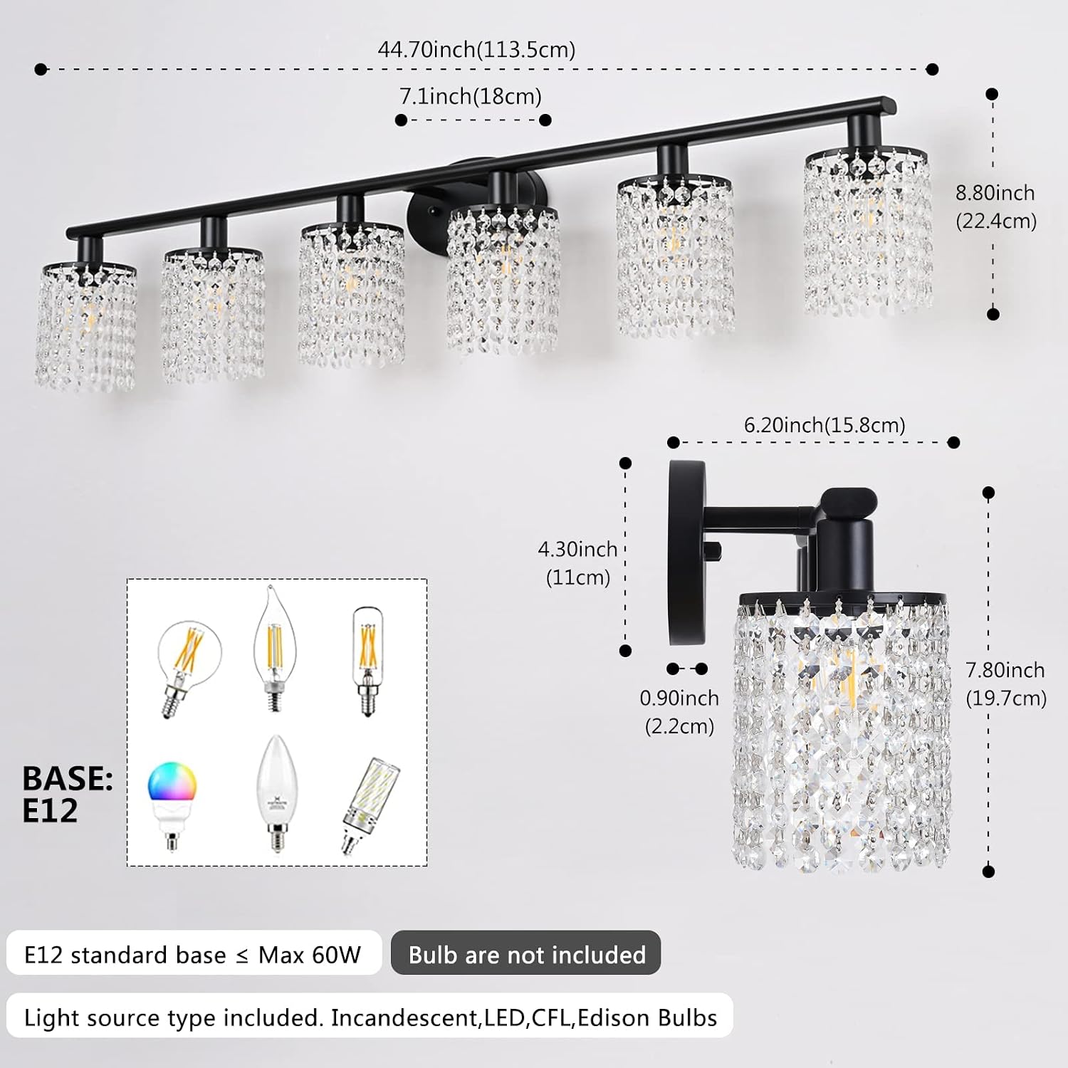 6-Light Bathroom Light Fixtures,Crystal Black Vanity Lights for Bathroom,Modern Bathroom Lights Over Mirror,Modern Black Wall Lights