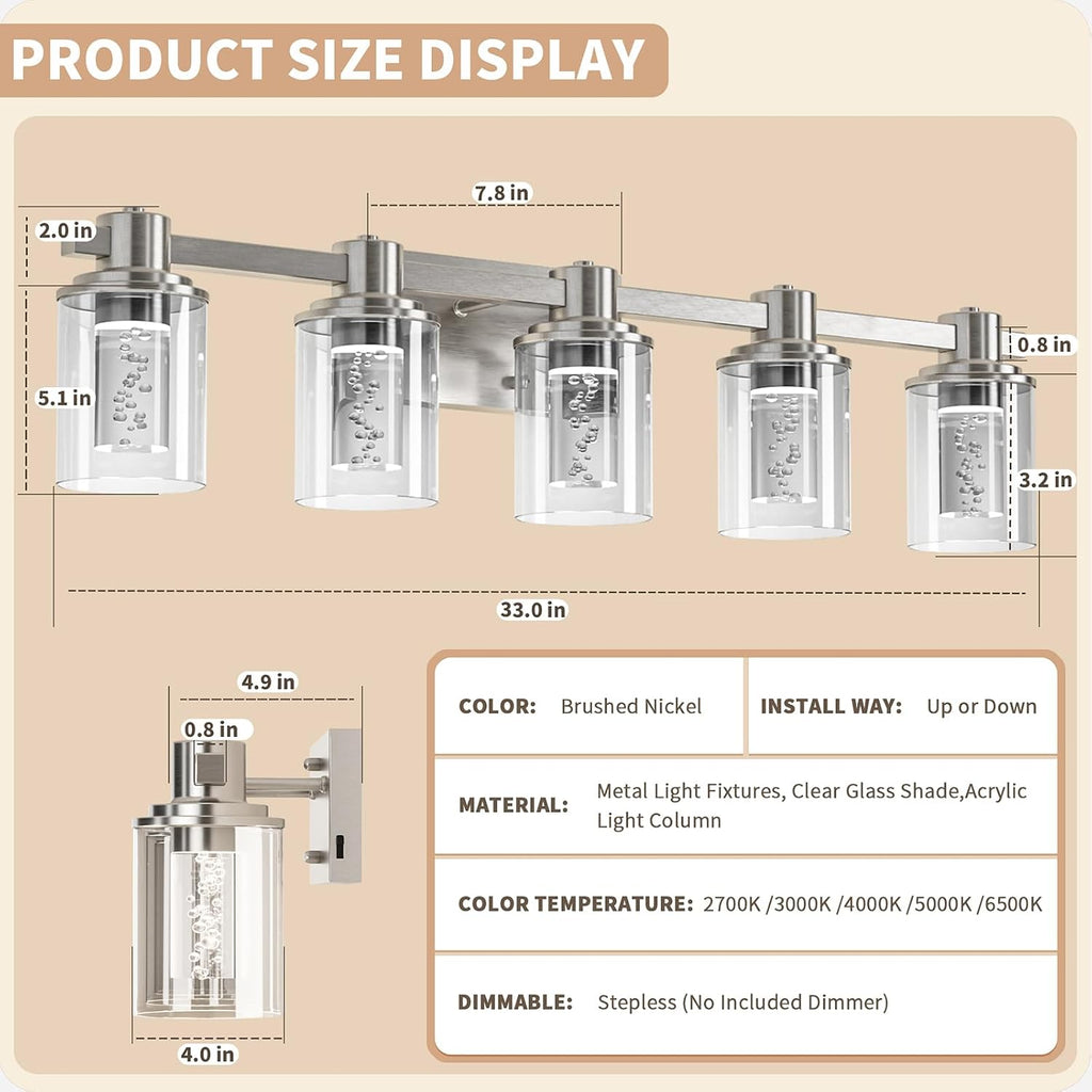 Quntis Brush Nickle Bathroom Lighting Fixtures with 5 Color Mode, 5-Light Dimmable Modern Bathroom Vanity Light Over Mirror, 35 Watt Eye Protection LED Wall Lamp 33 Inch (UL Certified, Bulbs Included)