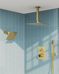 Thermostatic Shower System, 12 Inch Dual Rainfall Shower Heads for Ceilling & Wall Mounted with Handheld Sprayer, Brushed Gold