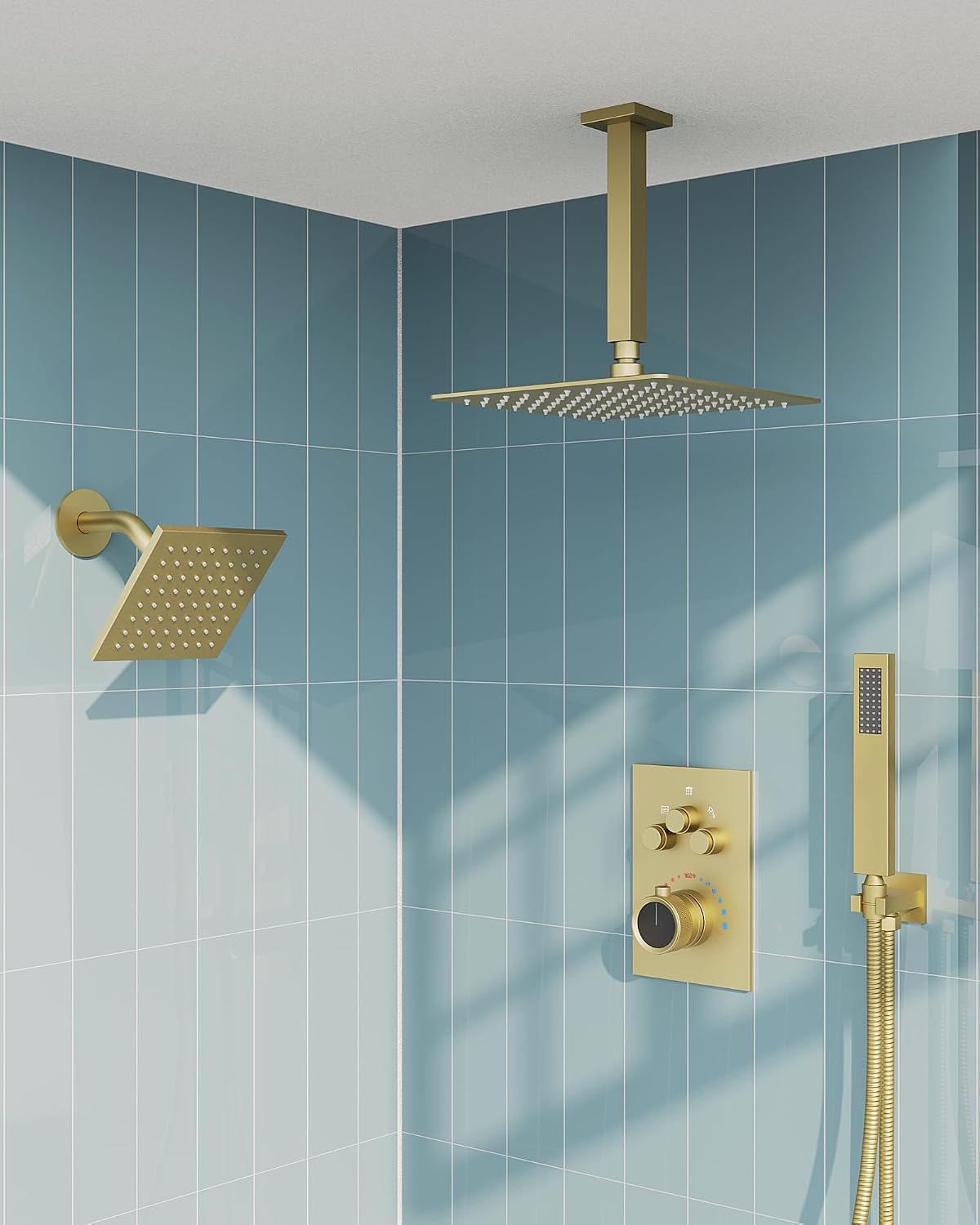 Thermostatic Shower System, 12 Inch Dual Rainfall Shower Heads for Ceilling & Wall Mounted with Handheld Sprayer, Brushed Gold