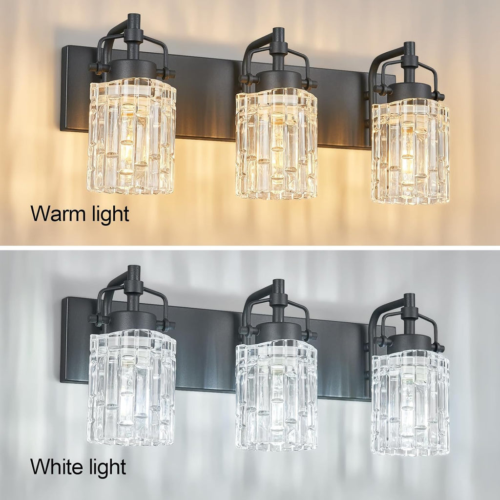 3 Light Crystal Glass Vanity Light, Black Bathroom Lighting Fixtures Over Mirror Modern Bath Wall Sconce Lighting for Bedroom Living Room