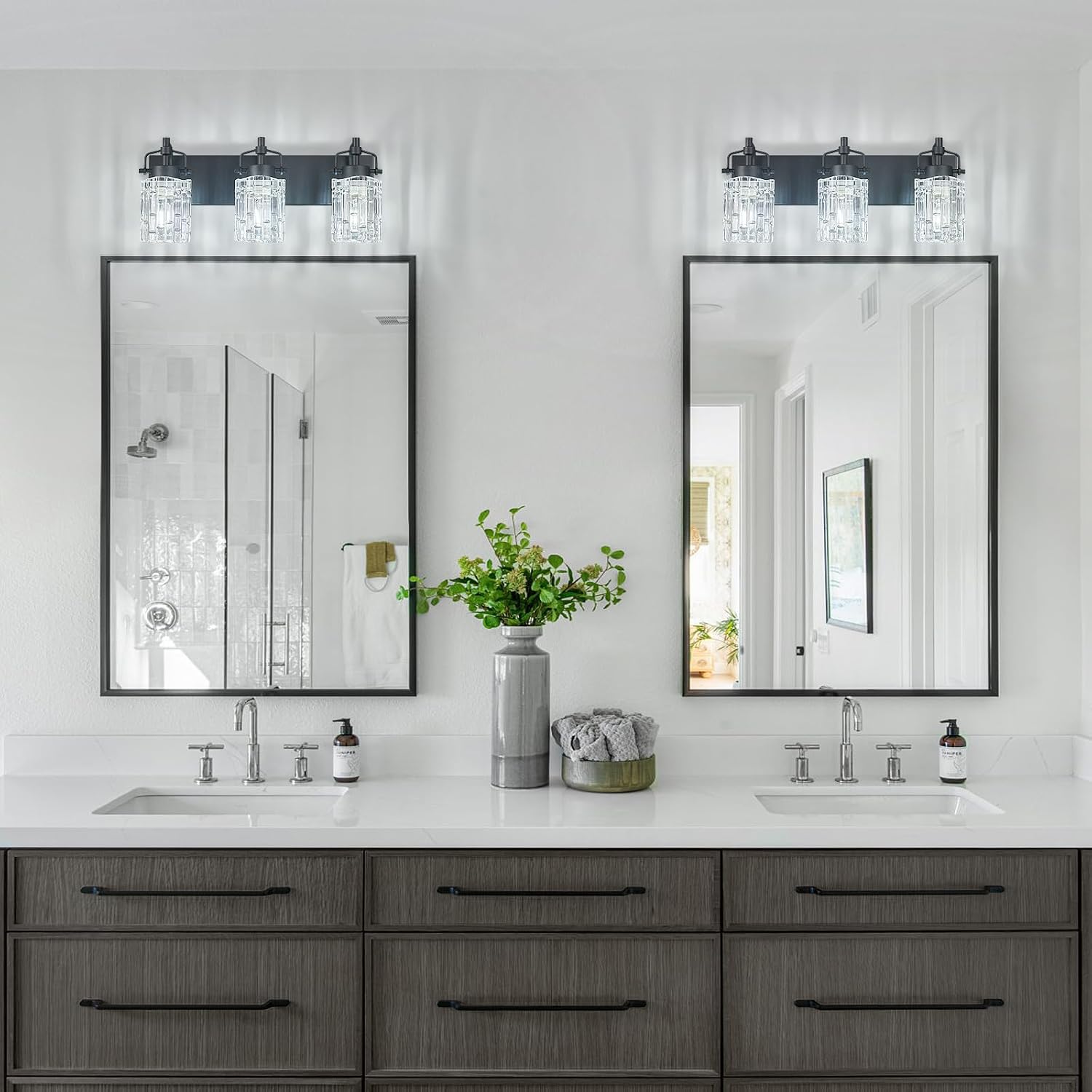 3 Light Crystal Glass Vanity Light, Black Bathroom Lighting Fixtures Over Mirror Modern Bath Wall Sconce Lighting for Bedroom Living Room