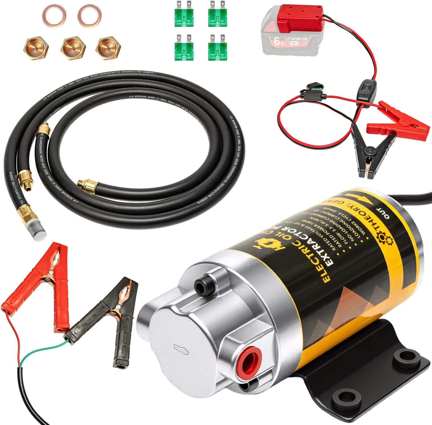 12V 100W Oil Transfer Pump, 5.8L/Min High Flow Oil Change Pump With Battery Adapter Compatible with Milwaukee M18 Battery, Fluid Transfer Pump for Truck, Motorcycle, Boat, Generator, Lawn Mower