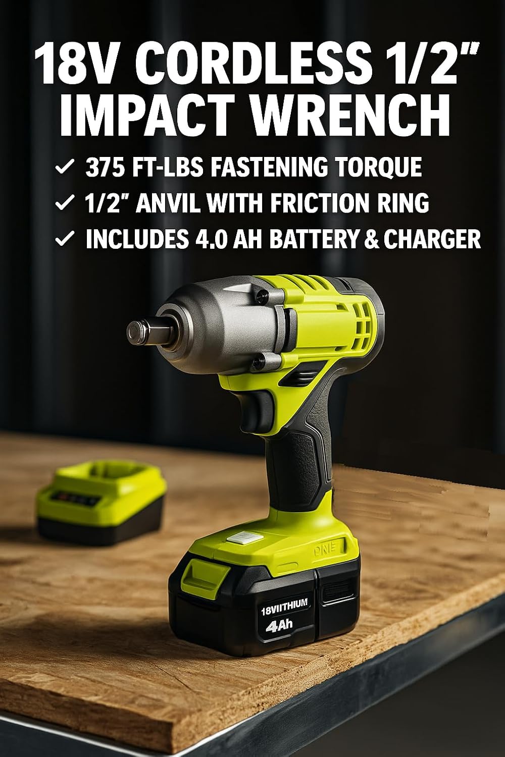 18V Cordless 1/2 in. Impact Wrench Kit with 4.0 Ah Lithium-Ion Battery & Charger, 375 ft./lbs. Torque, 3,100 IPM, Variable Speed 0–2,700 RPM, LED light – Compatible with Ryobi Tools