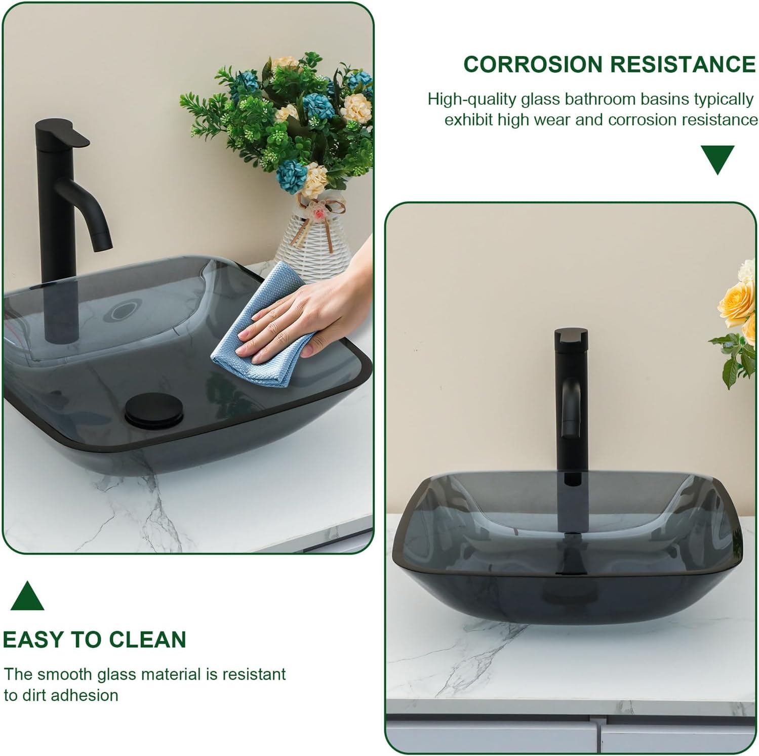 Sarlai Bathroom Vessel Sink Tempered Glass Bowl Vessel Sink with Pop-up Drain Combo 16x16 Inch Grey Rectangular Countertop Bathroom Sink Basin
