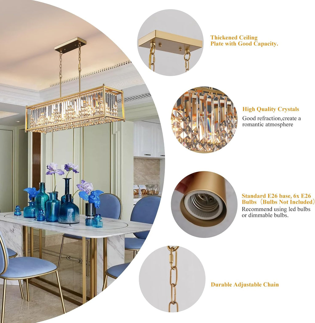 Q&S Modern Crystal Chandelier,Gold Rectangular Chandelier 6-Light,Luxury K9 Crystal Pendant Light for Dining Room Kitchen Island Bar Pool Table Hotel Office UL Listed