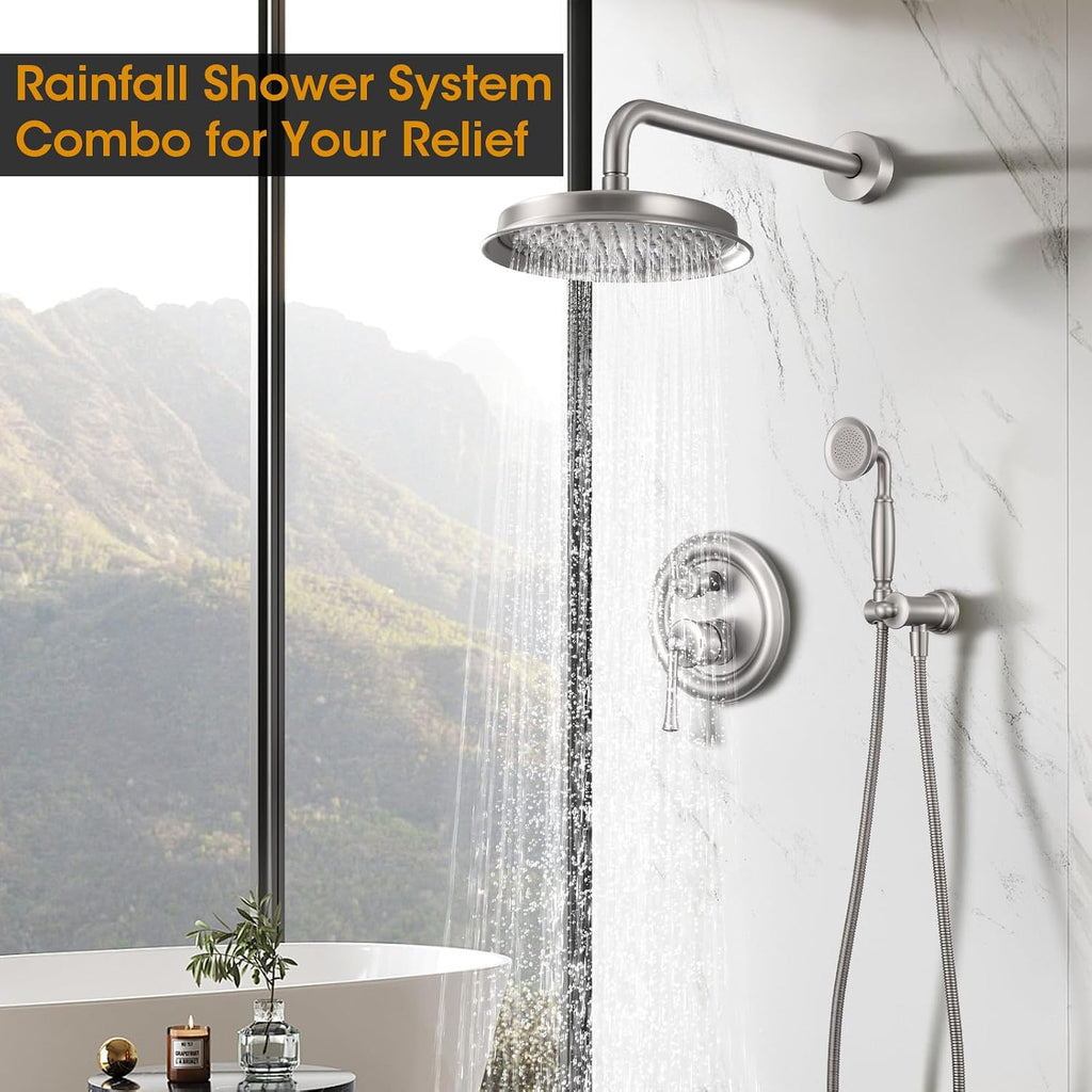 Antique Shower Head with Handheld Spray Combo, Brushed Nickel Rain Shower System with Rough-in Balance Pressure Valve, 9 inch Bathroom Luxury Rain Fall Shower Head Wall Mount Round, (B2312-BN)