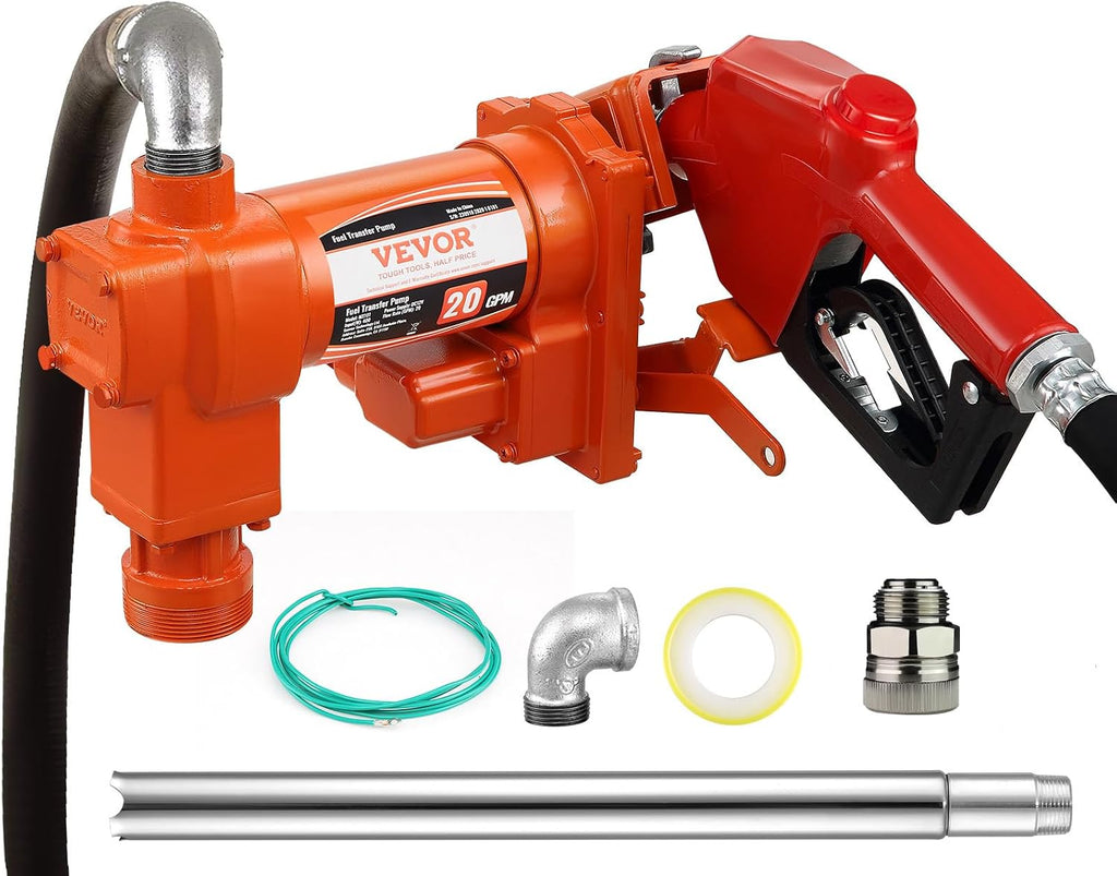 VEVOR Fuel Transfer Pump, 12V DC 20 GPM 1/4 HP, Gasoline Extractor Pump with Automatic Nozzle, Discharge Hose & Suction Pipe for Gasoline, Diesel, Kerosene, Ethanol & Methanol Blends, and Biodiesel