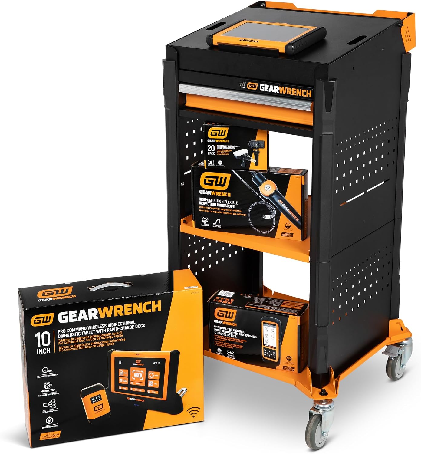 GEARWRENCH 5 pc. Automotive Diagnostic Set with Cart – 10' Bidirectional Diagnostic Tablet, TPMS Programming Tool & 20 Rubber Valve Sensors, HD USB-C Endoscope Camera, Mobile Work Cart | GWSMARTMOD