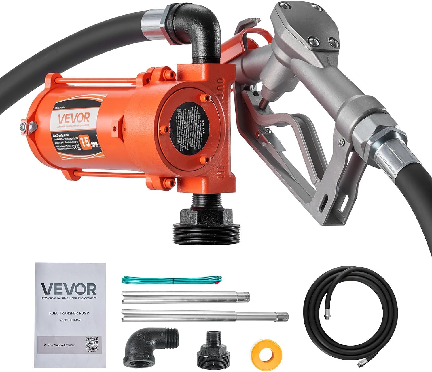 VEVOR Fuel Transfer Pump, 12V DC 15 GPM, Cast Iron Diesel Transfer Pump Kit, with Manual Nozzle, Discharge Hose, Overheat Protection, Power Cable, Explosion-Proof, for Gasoline Diesel Kerosene & More