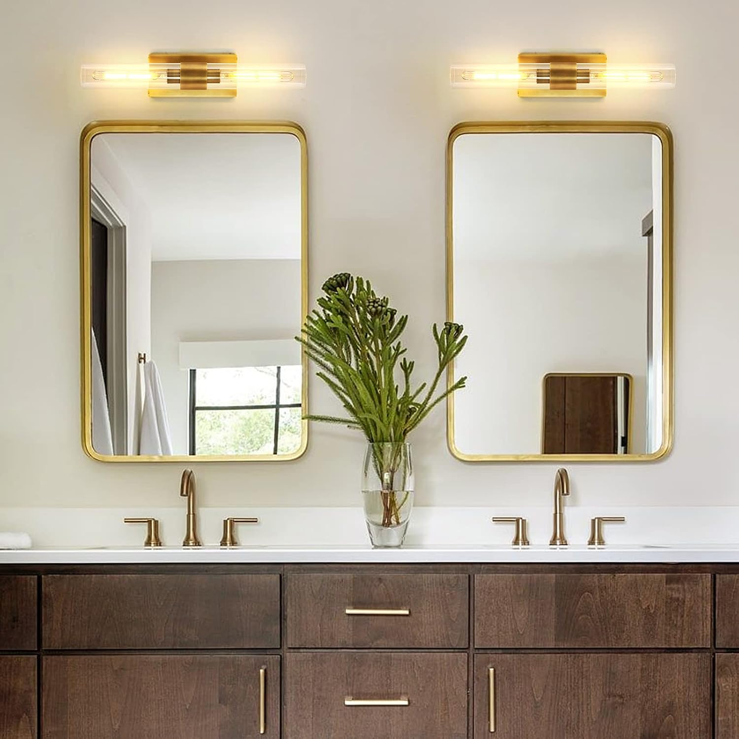 Modern Brass and Glass Wall Sconces, 24' Vanity Lights for Bathroom 2 Lights, Horizontal or Vertical Linear Wall Sconce,Indoor Sconces Wall Lighting,Bathroom Wall Sconce Set of Two
