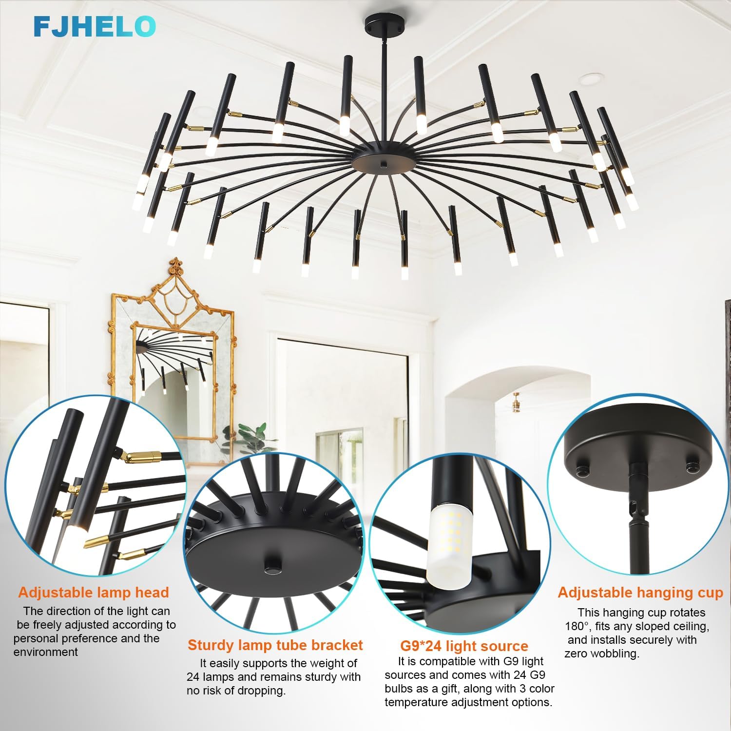 Sputnik Chandelier w/ G9 Sockets, Dia.53' Tree Branch Black Light Fixture | Lighting Direction Adjustable, 15'-47' Height Adjustable