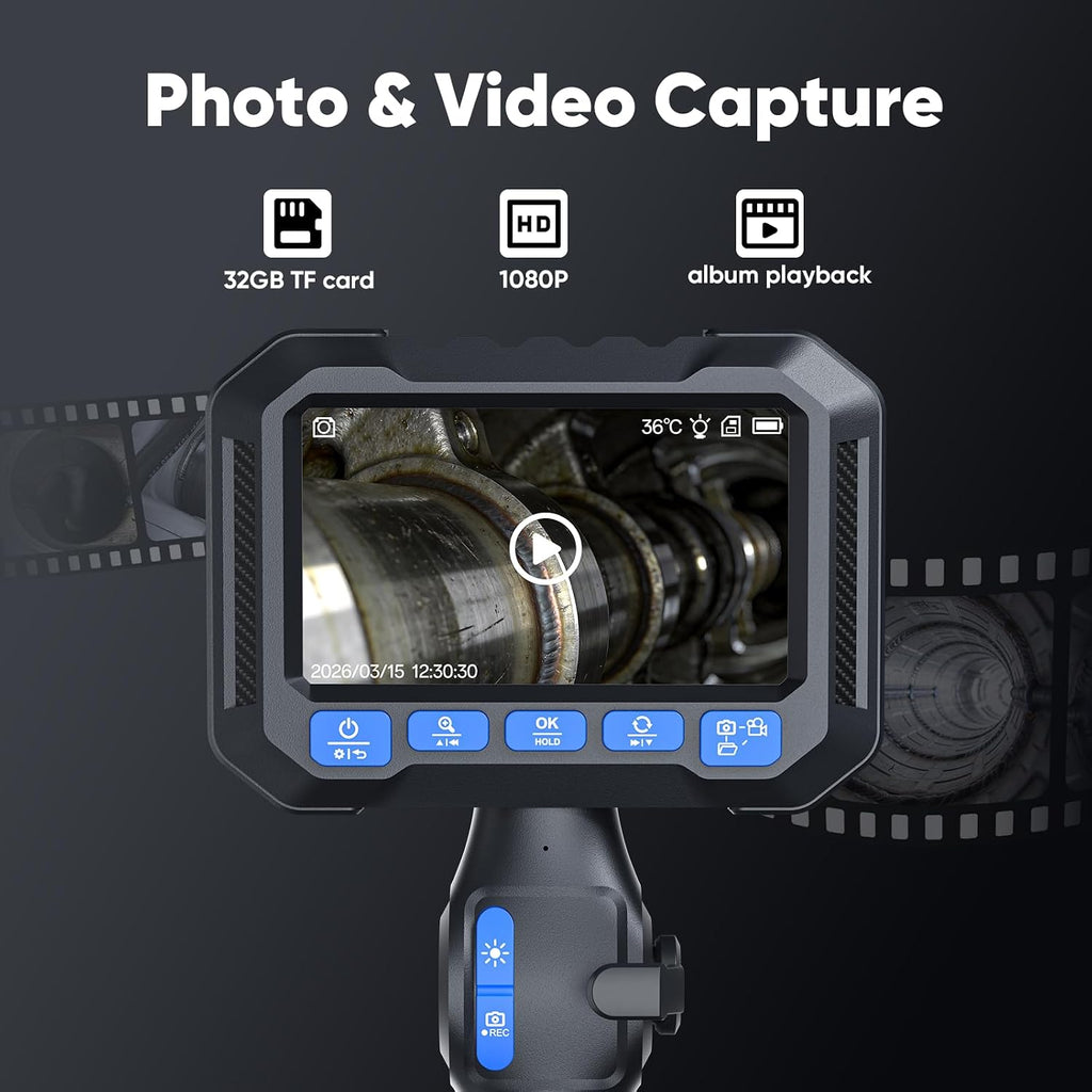 T Takmly Two-Way Articulating Borescope with Light, 210° Steerable 1080P Endoscope Camera, 0.23inch Semi-Rigid Snake Scope, 4.3' IPS Screen, 32GB, 5.5FT for Automotive Engine HVAC Wall Mechanics