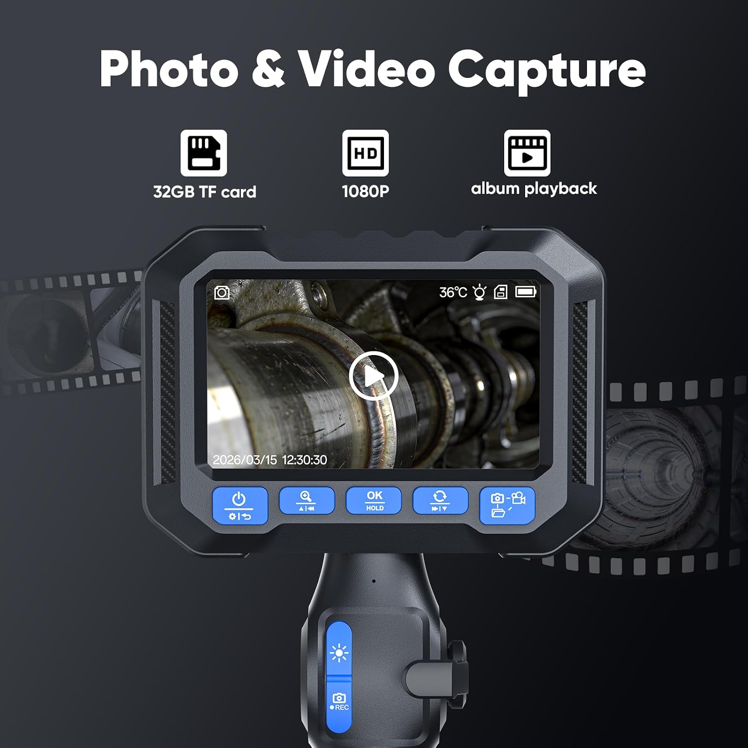 T Takmly Two-Way Articulating Borescope with Light, 210° Steerable 1080P Endoscope Camera, 0.23inch Semi-Rigid Snake Scope, 4.3' IPS Screen, 32GB, 5.5FT for Automotive Engine HVAC Wall Mechanics