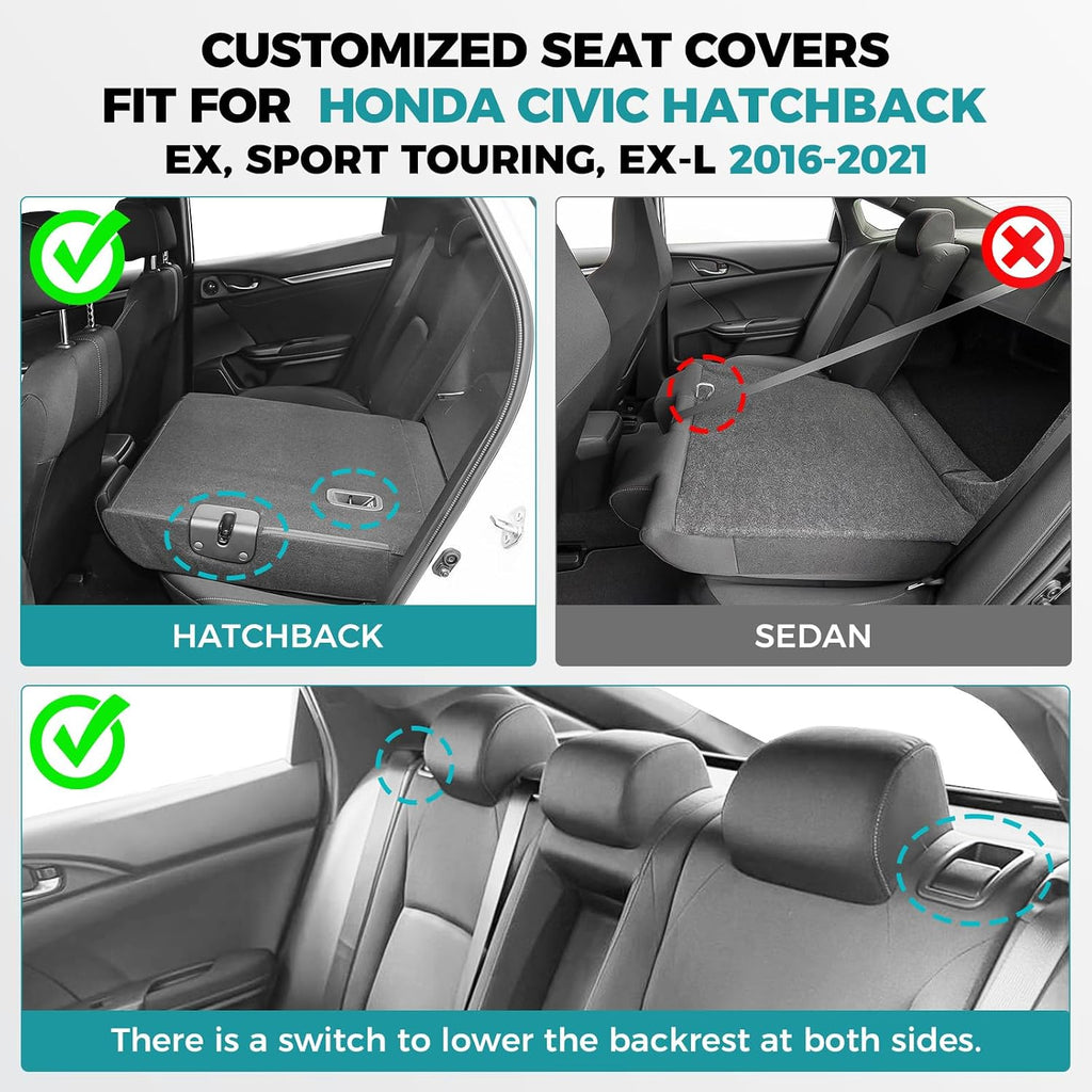 Seat Covers for Honda Civic Hatchback LX, EX, EXL, Sport, Touring, 2016-2021, Faux Leather Car Seats Cover Full Set Seatback Waterproof, Black Red line (60/40 Split Seatback)