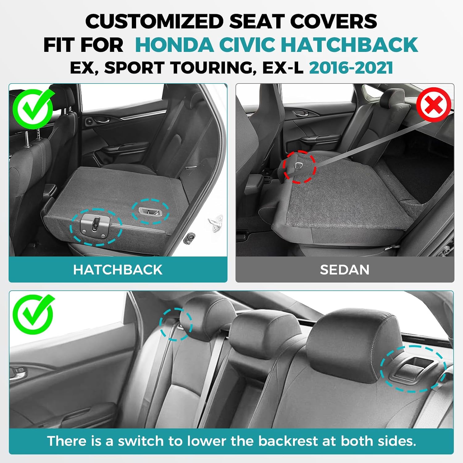 Seat Covers for Honda Civic Hatchback LX, EX, EXL, Sport, Touring, 2016-2021, Faux Leather Car Seats Cover Full Set Seatback Waterproof, Black Red line (60/40 Split Seatback)