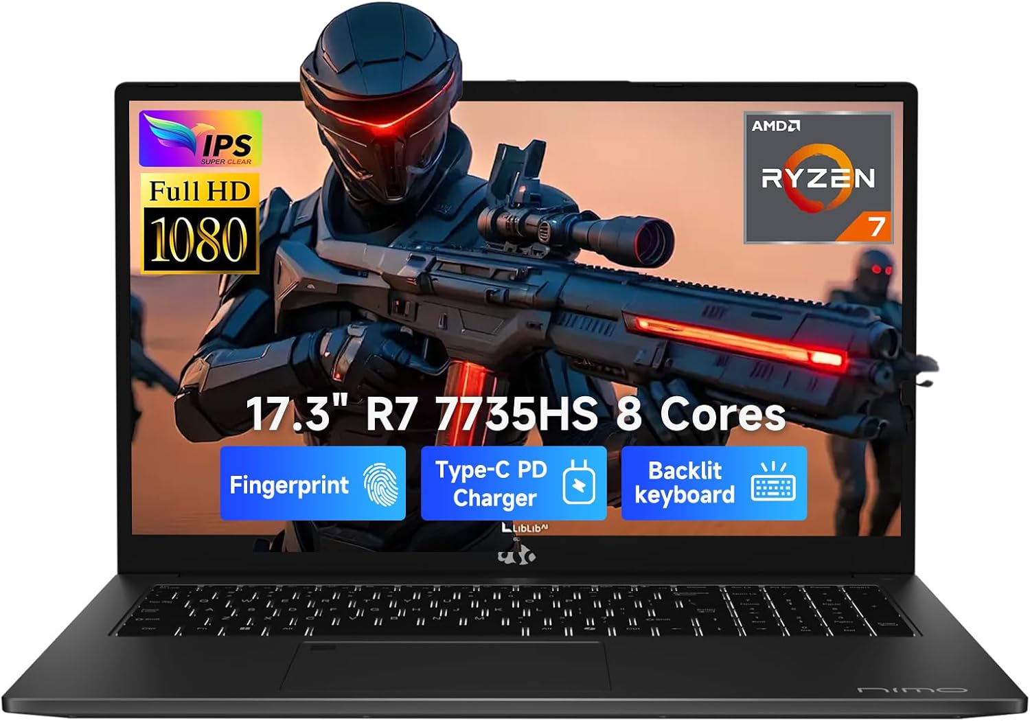 NIMO 17.3' Laptop, AMD Ryzen 7 7735HS (8C/16T, up to 4.75GHz), 16GB DDR5 RAM, 2TB PCIe 4.0 SSD, 100W PD Fast Charging, FHD Anti-Glare Display, Fingerprint, Backlit KB w/Numpad, WiFi 6, Win 11