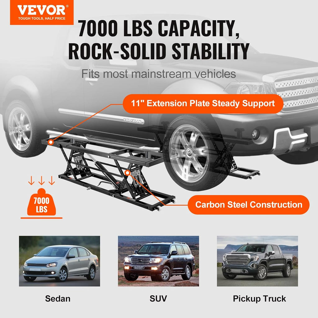 VEVOR Portable Car Lift - 7,000 LBS Capacity, 26.8' Max. Height, Heavy-Duty Carbon Steel Truck Lift with 120V Power Unit | 26.8' Max Height, Extended-Length Plates, Heavy-Duty Carbon Steel, 120V Power Unit, For Home Garage Shop