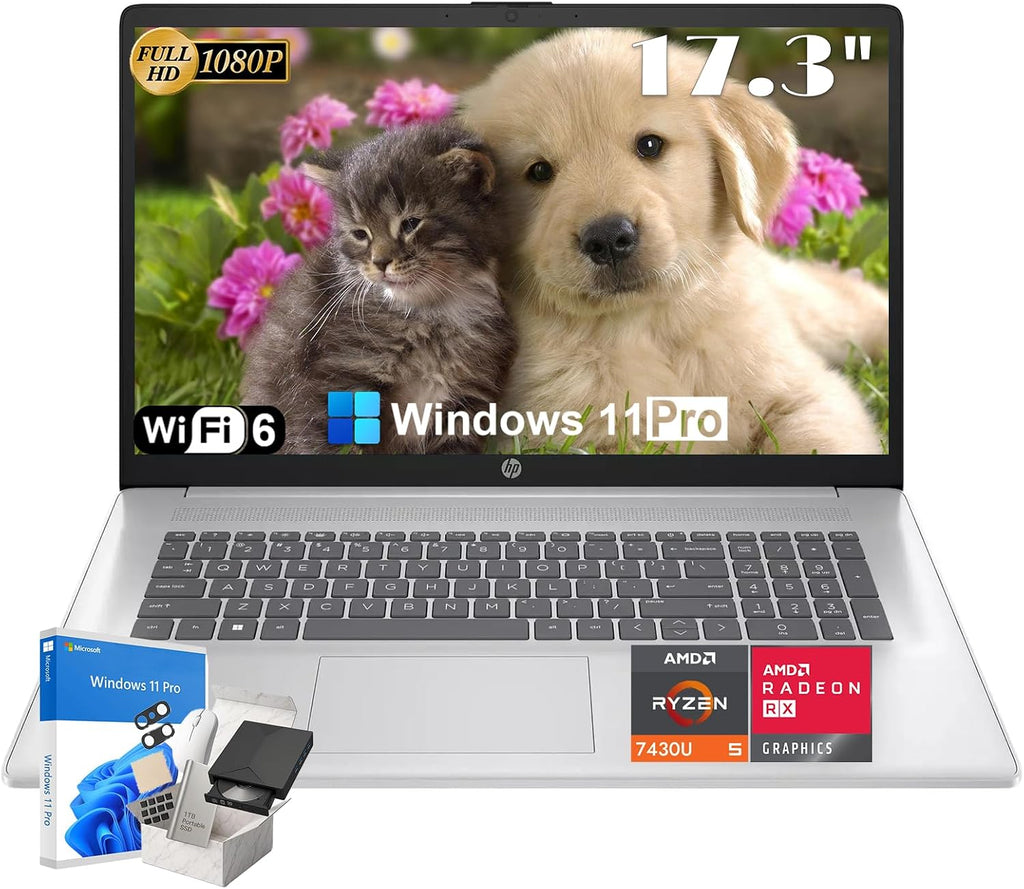 HP 17' 2025 Laptop Computer for Business & Student, w/Accessories, 16GB RAM, 1TB SSD, 17.3' FHD Anti Glare Display, AMD Ryzen 5 7430U, Win 11 Pro, Numeric Pad, HDMI, Wi-Fi 6