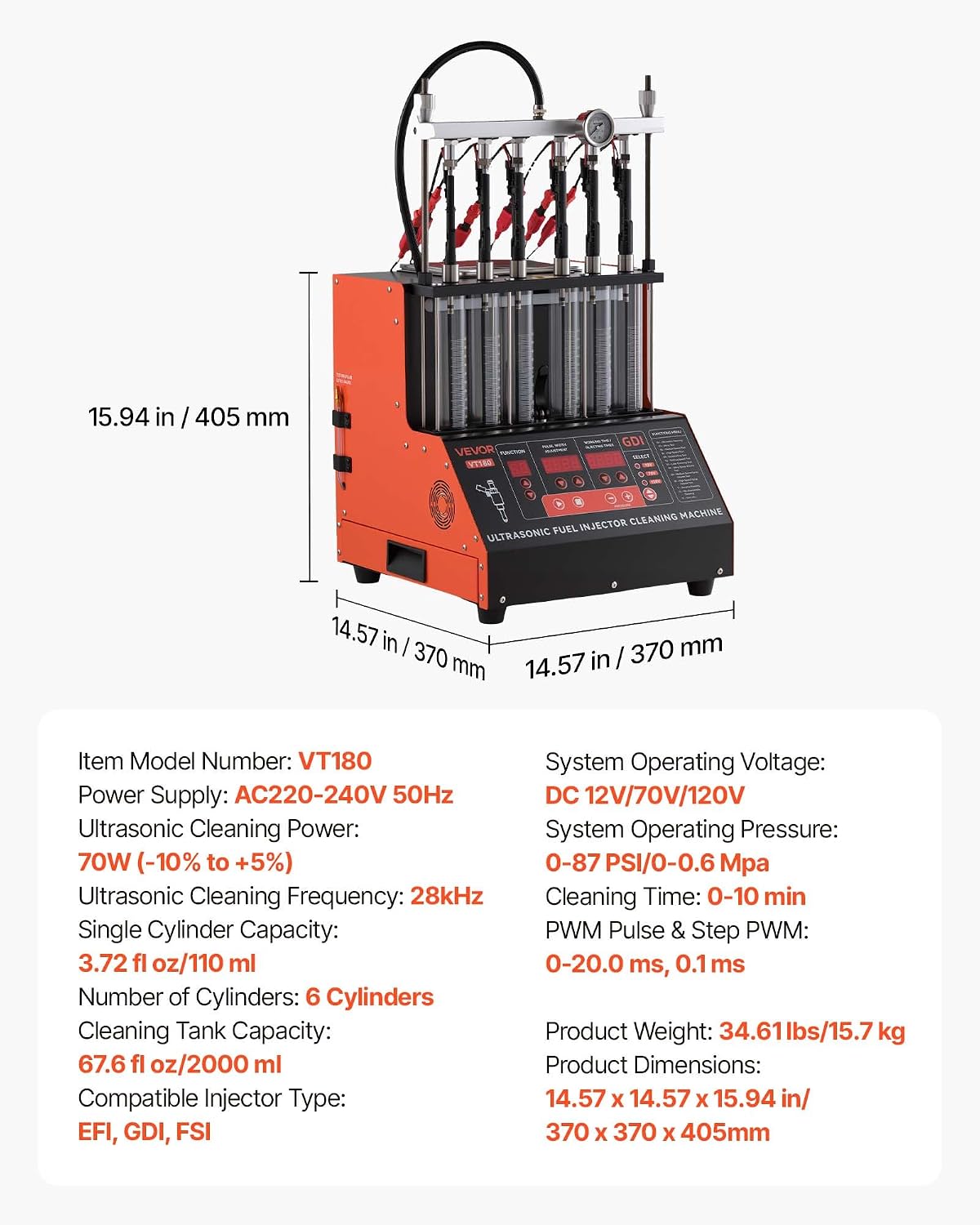 VEVOR Fuel Injector Cleaner Tester, 9 Test Modes, 6-Cylinder 28kHz Ultrasonic Cleaning Machine Adjustable 12V/70V/120V for EFI/FSI/GDI, Injector Cleaner Machine with Drain Valve for Car & Motorcycle