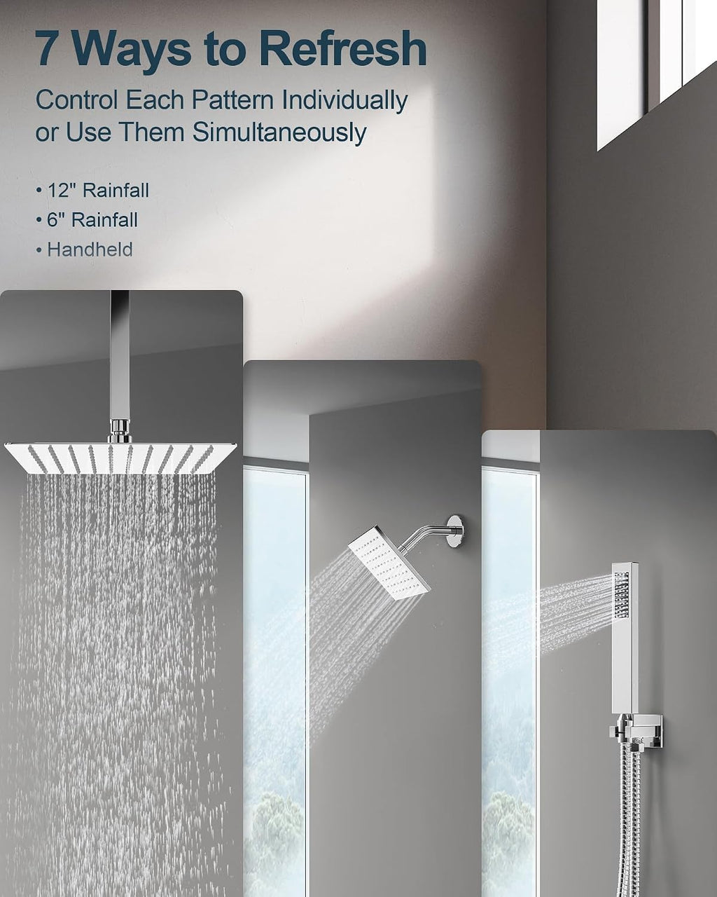 Thermostatic Shower System, 12 Inch Dual Rainfall Shower Heads for Ceilling & Wall Mounted with Handheld Sprayer, Chrome