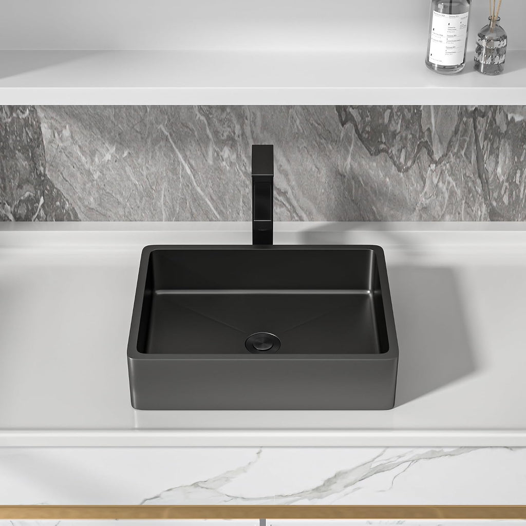 16'x12' Bathroom Vessel Sink Rectangular - Gunmetal Black NANO-PVD, 16 Gauge 304 Stainless Steel, Above Counter Rectangle Modern Vanity Lavatory Bath Sink Basin