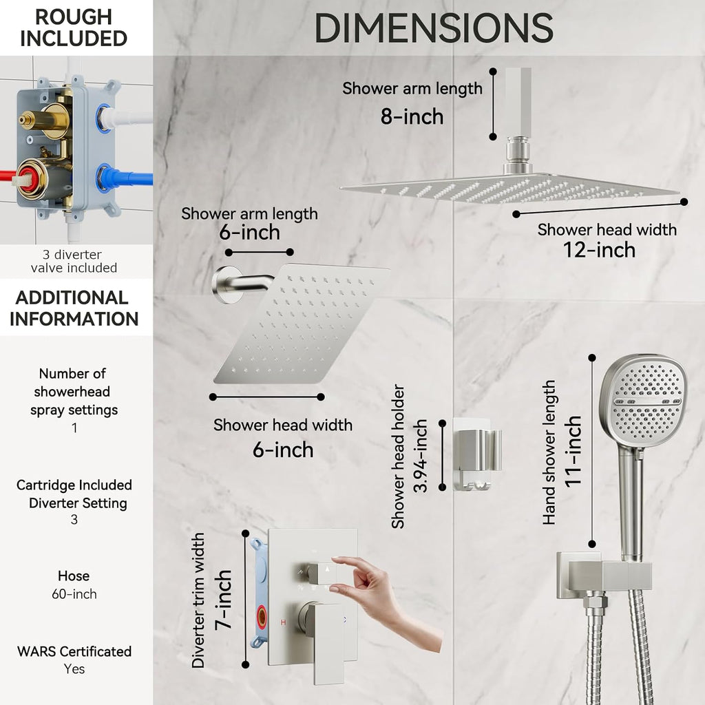 Shower Faucet Set Brushed Nickel Shower System, Dual Head Shower Set STARBATH 12'' Ceiling Mount and 6''Wall Mount Rainfall Shower Systems with Multifunctional Filtered Handheld Sprayer