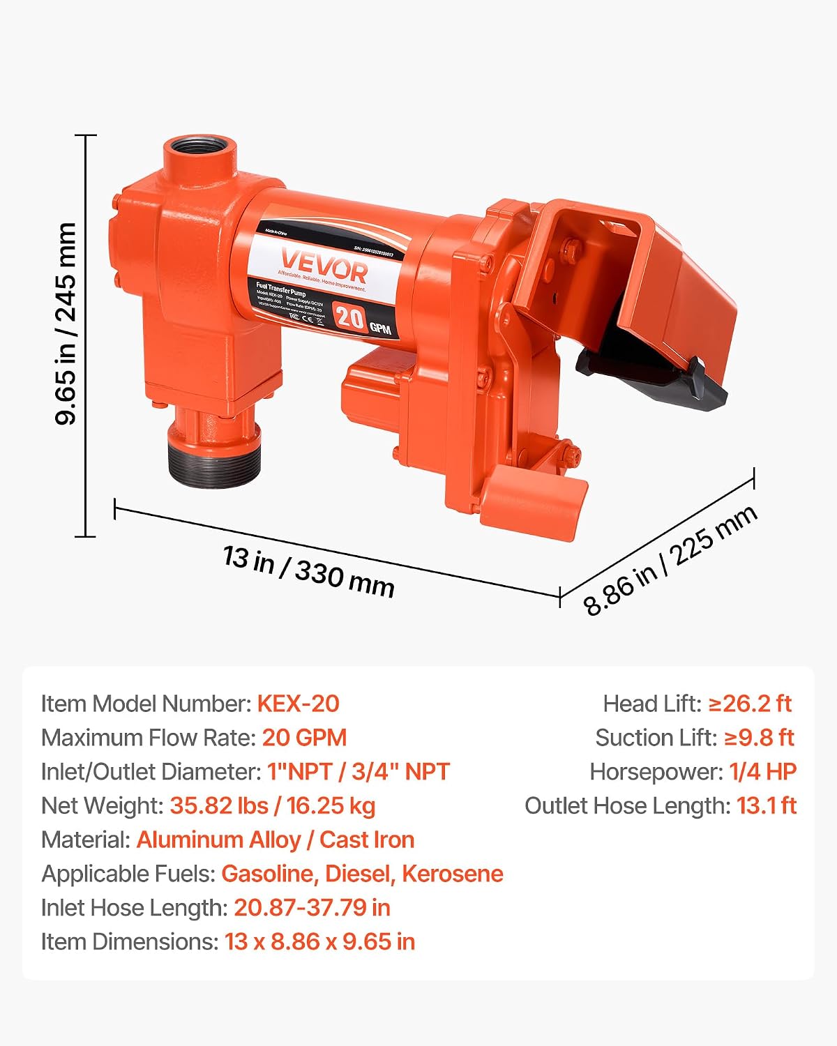 VEVOR Fuel Transfer Pump, 12V DC 20 GPM 1/4 HP Diesel Pump, Extractor Pumps with Manual Nozzle, Discharge Hose and Suction Pipe, for Gasoline, Diesel, Kerosene, Ethanol-Methanol Blends & Biodiesel