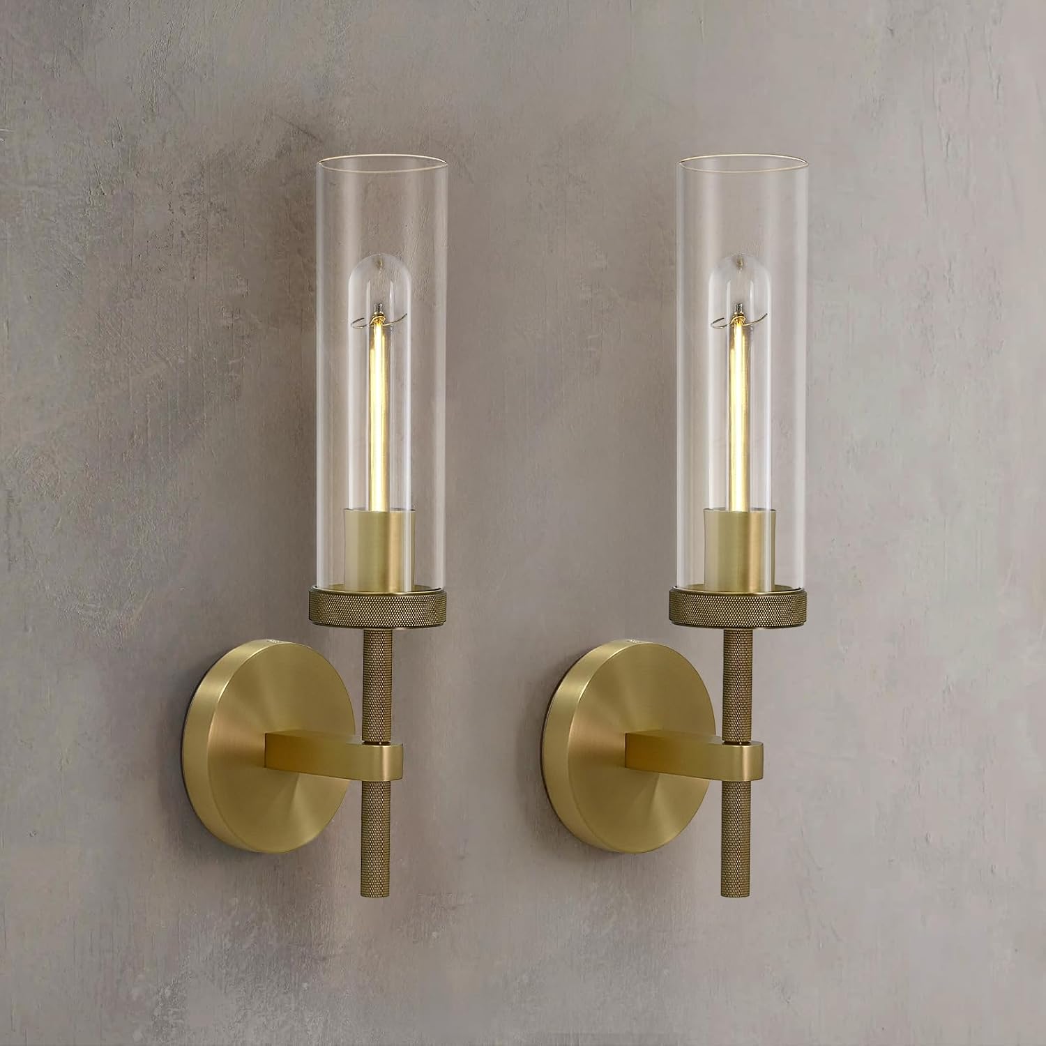 Knurled Wall Sconces Set of Two, Brass Wall Sconce Lights, 14' Gold Bathroom Wall Sconces, Glass Linear Sconce Wall Lighting, Vanity Lights Bathroom Light Fixture Wall Lights for Living Room