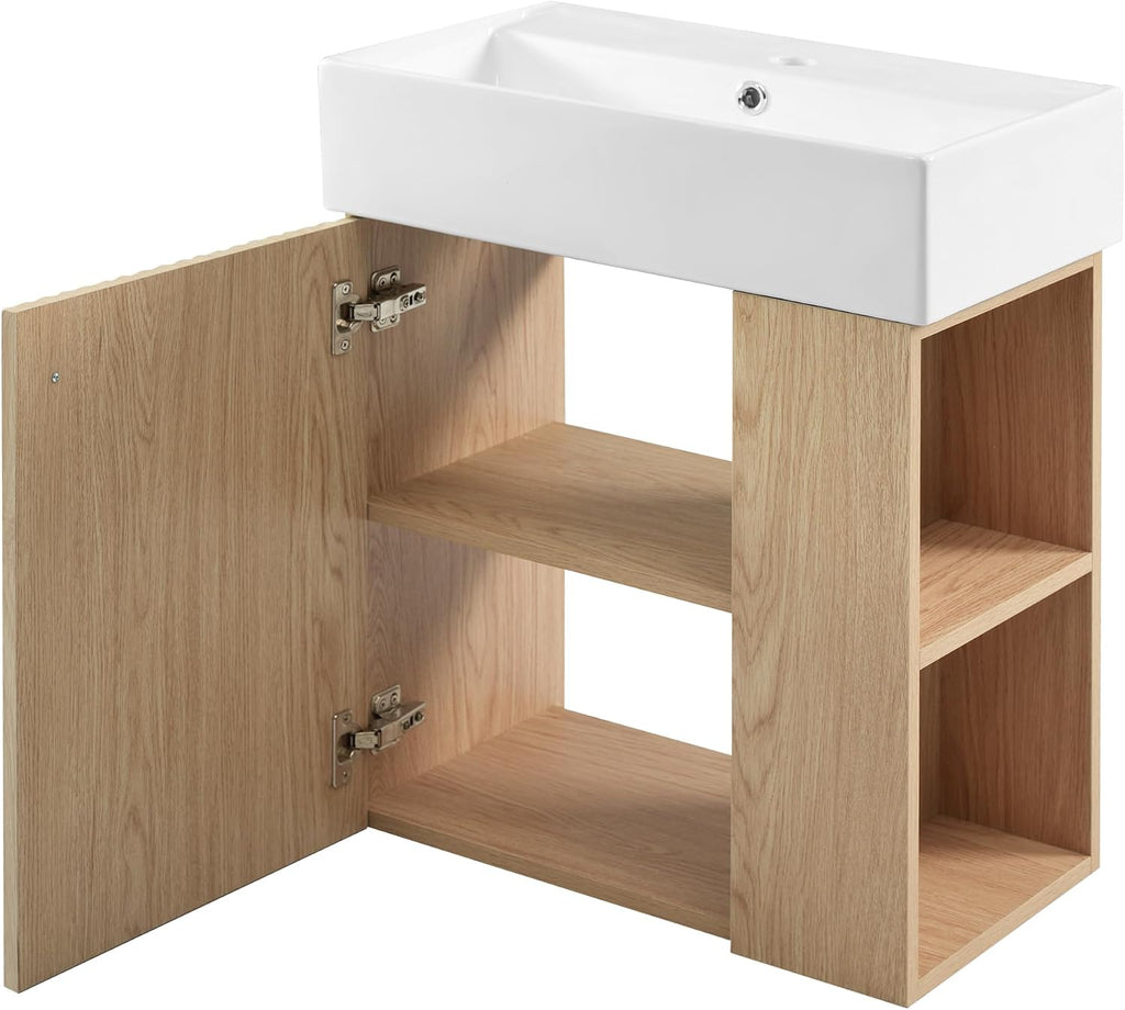 21.6-inch Bathroom Vanity with Sink Combo, Wall-Mounted Single Storage Cabinet with One Cabinet & Right 2-Tier Shelves, Wooden Vanity with Ceramic Basin for Bathroom, Wood