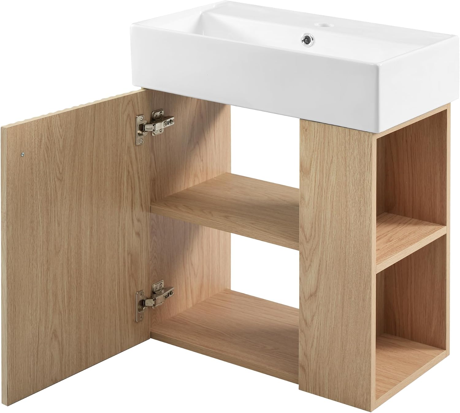 21.6-inch Bathroom Vanity with Sink Combo, Wall-Mounted Single Storage Cabinet with One Cabinet & Right 2-Tier Shelves, Wooden Vanity with Ceramic Basin for Bathroom, Wood