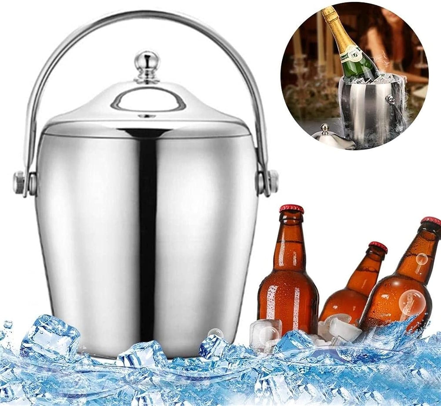 1.2/2L Stainless Steel Ice Bucket Portable 6-Hour Double-Layer Insulated Freezer with Lid for Parties Barbecues Buffets (Size : 2L) (Size : 2L) (1.2L)