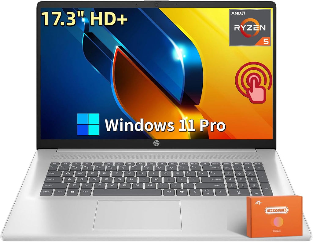 HP 17 Inch Touchscreen Laptop for Business, AMD Ryzen 5 7430U, 17.3' HD+ Anti-Glare Display, 16 GB RAM, 1 TB SSD, AMD Radeon Graphics, Copilot AI, Wi-Fi 6, Fast Charge, Windows 11 Pro, w/Accessories
