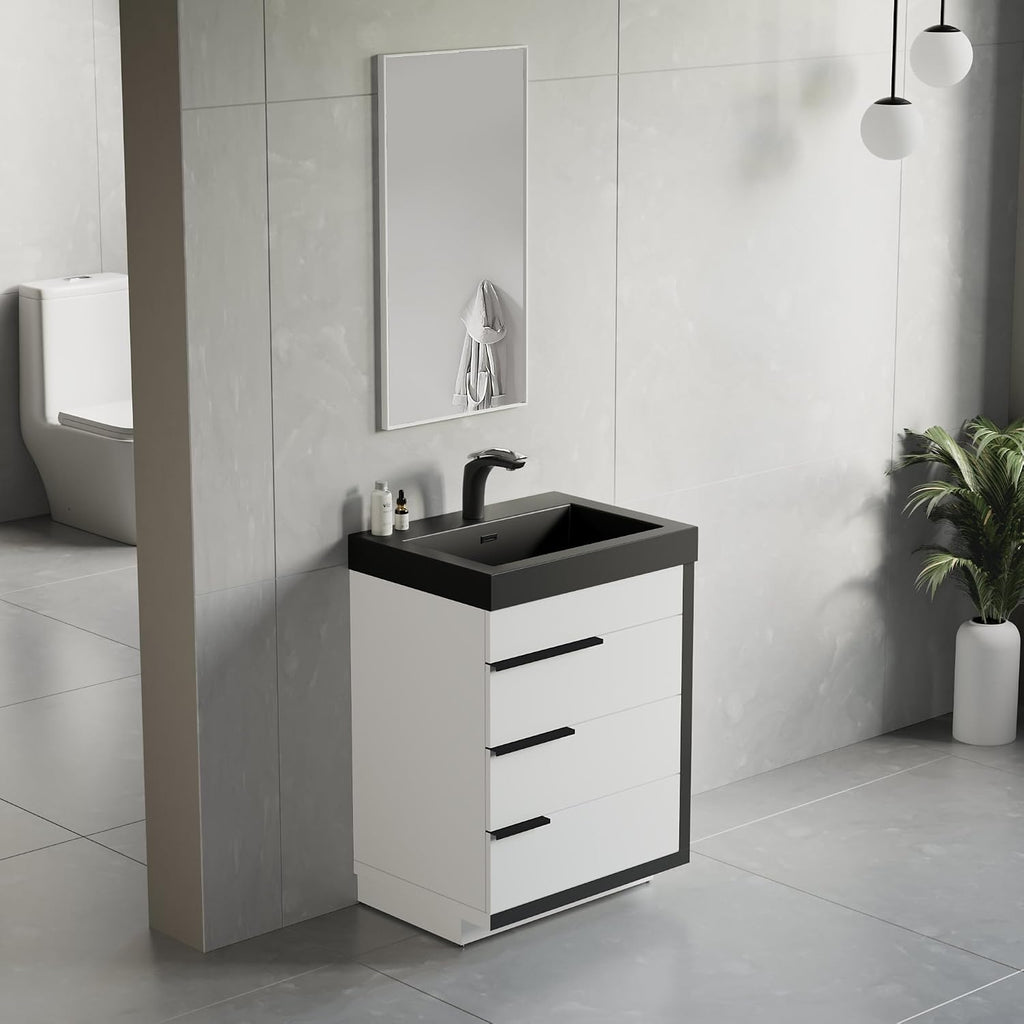 Dowell 24'Single Bathroom Vanity Set- Freestanding Glossy White Vanity with Black Accents,Matte Black Resin Basin,Three Soft-Close Drawers-024 24 21V/2418BPBL