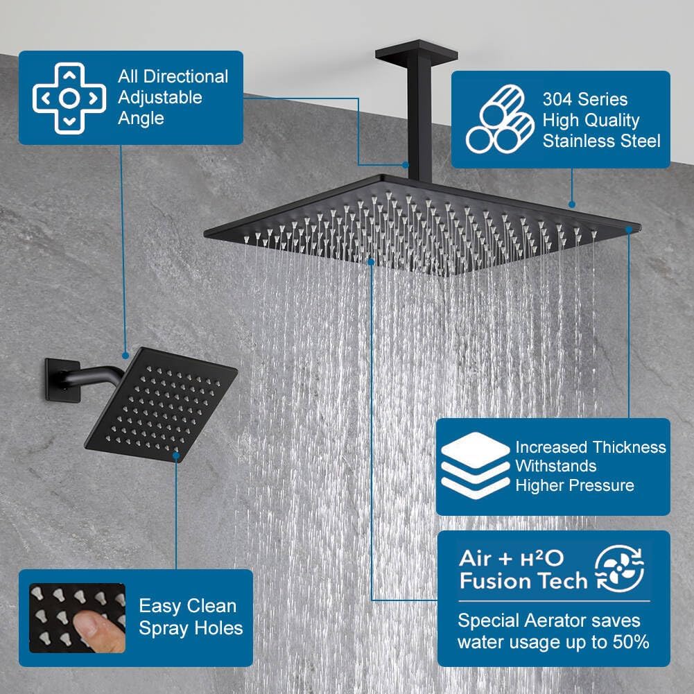 Matte Black Shower Faucet Set Bathroom Rainfall Shower System, 12 Inch Ceiling Mount Shower Head with 6 Inch Wall Mount Shower Head, Include Shower Valve and Trim Kit