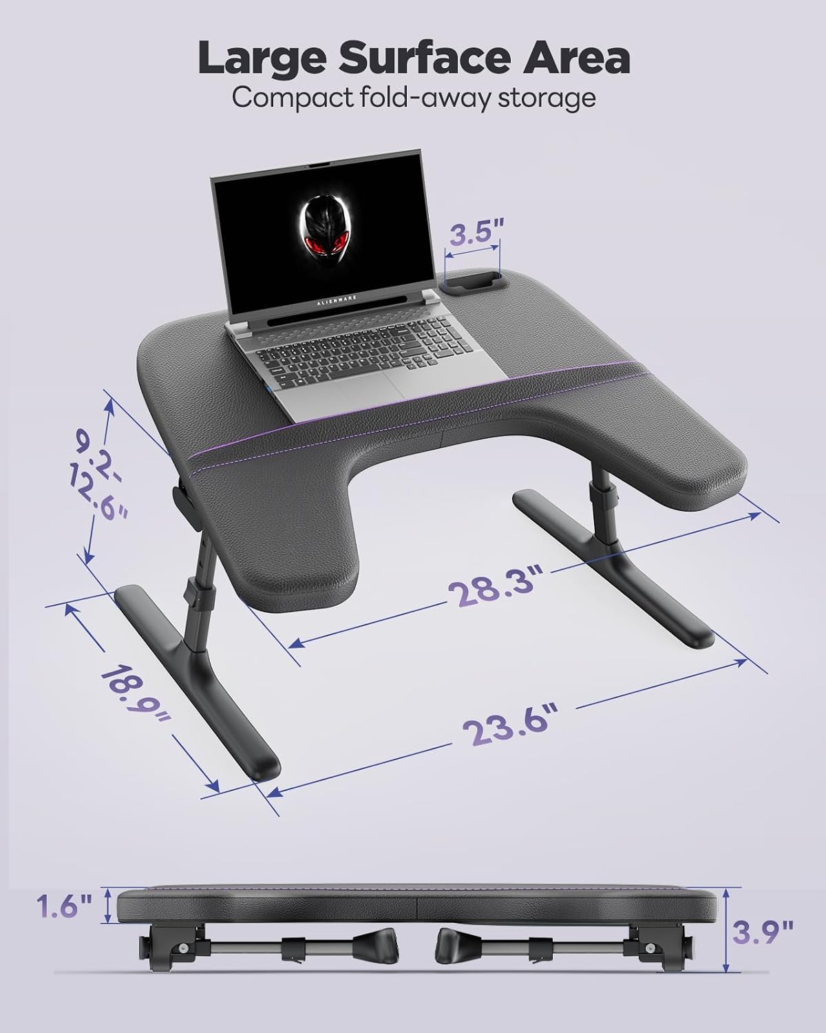 SAIJI Laptop Lap Desk for Bed & Couch, Adjustable Height & Angle Bed Desk with Soft Armrest for Adults, Ergo Curve Folding Bed Table for Working, Reading and Gaming, Laptop Desk for Bed (Black)