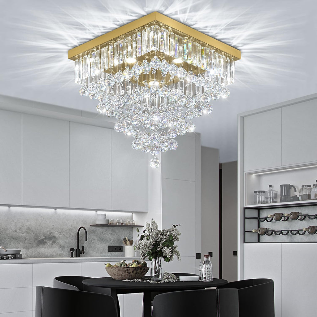 Modern Gold Square Crystal Flush Mount Ceiling Light 20' 6 Lights Luxury K9 Crystal Chandelier Lighting Fixture for Living Room Dining Room Bedroom Kitchen Entryway Hallway Foyer