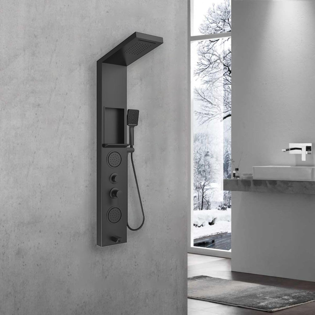 ELLO&ALLO Shower Panel System Tower with Shelf, Rainfall and Waterfall Head Rain Massage Stainless Steel Bathroom Fixtures with Adjustable Body Jets, Black