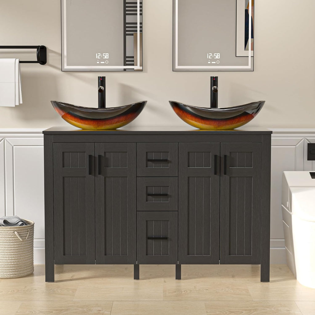 UEV 30' Bathroom Vanity with Sink Combo,Modern Freestanding Sink Cabinet with 3 Drawers,Stylish Bathroom Vanity Cabinet,Grooved Door,Metal Handles,Vessel Sink (Bronze Boat, 48''Black)