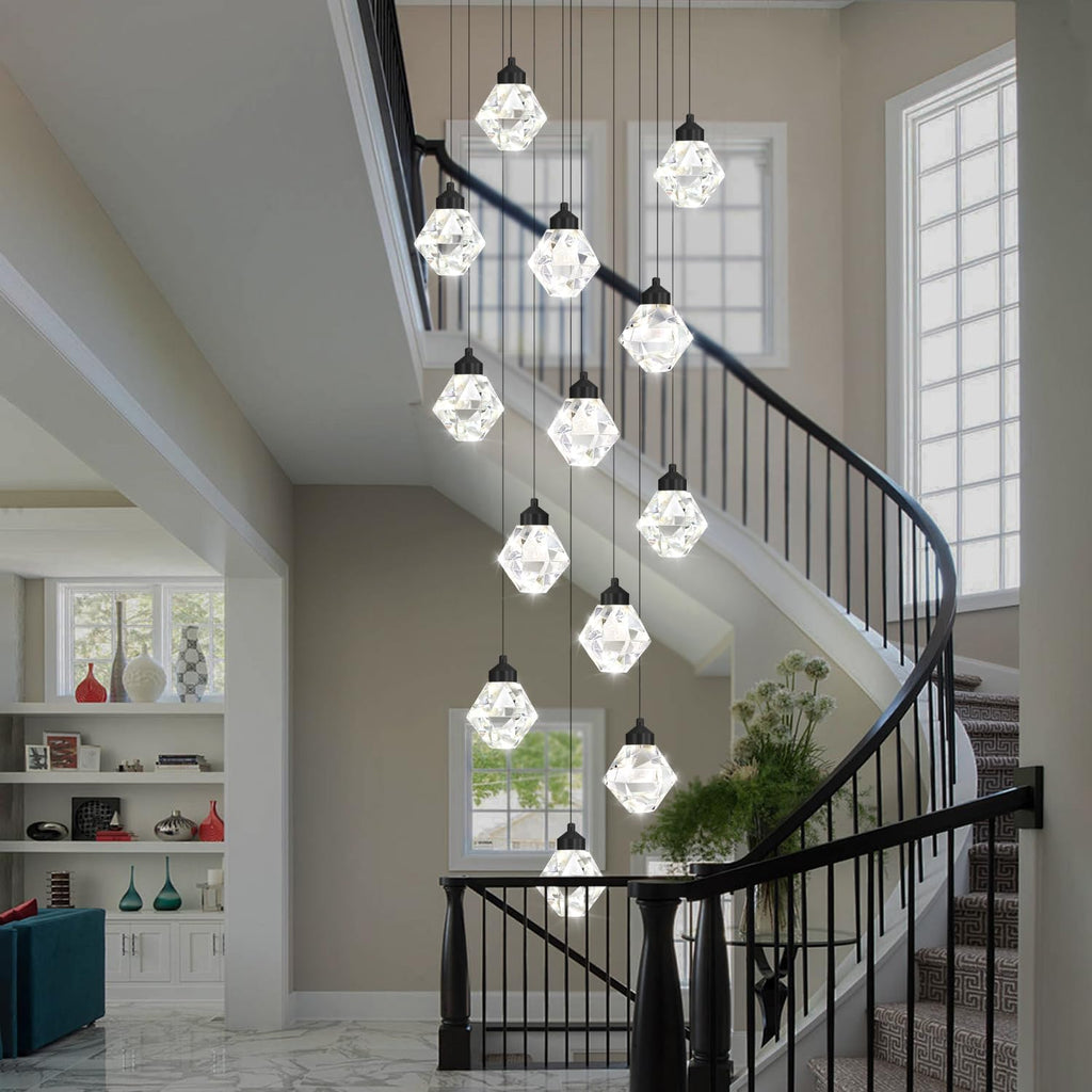 H138in Foyer Chandelier Staircase Chandeliers for High Ceiling Black Pendant Light Fixture 14-Lights Crystal Chandelier Lighting Fixture for Living Room Staircase Villa