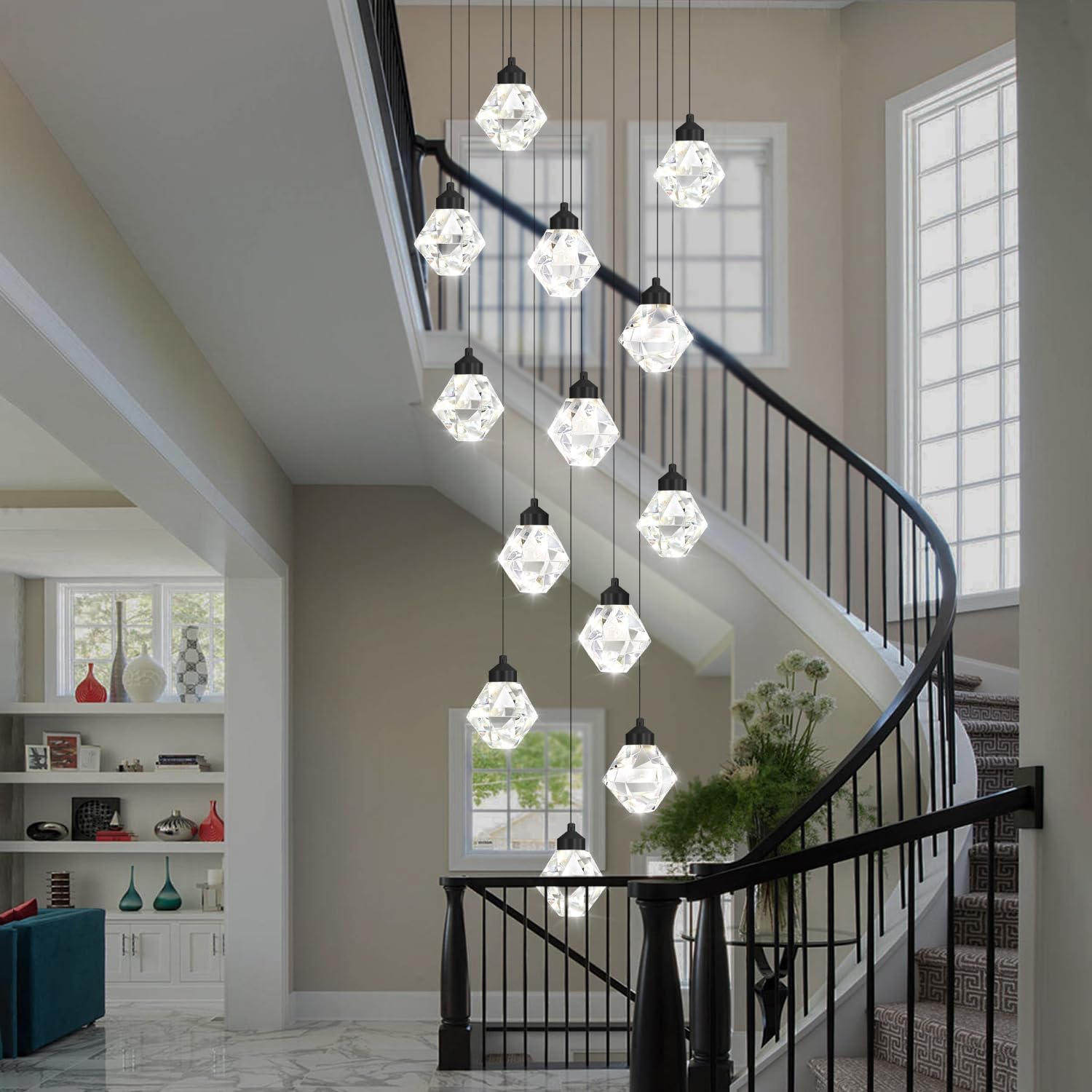 H138in Foyer Chandelier Staircase Chandeliers for High Ceiling Black Pendant Light Fixture 14-Lights Crystal Chandelier Lighting Fixture for Living Room Staircase Villa