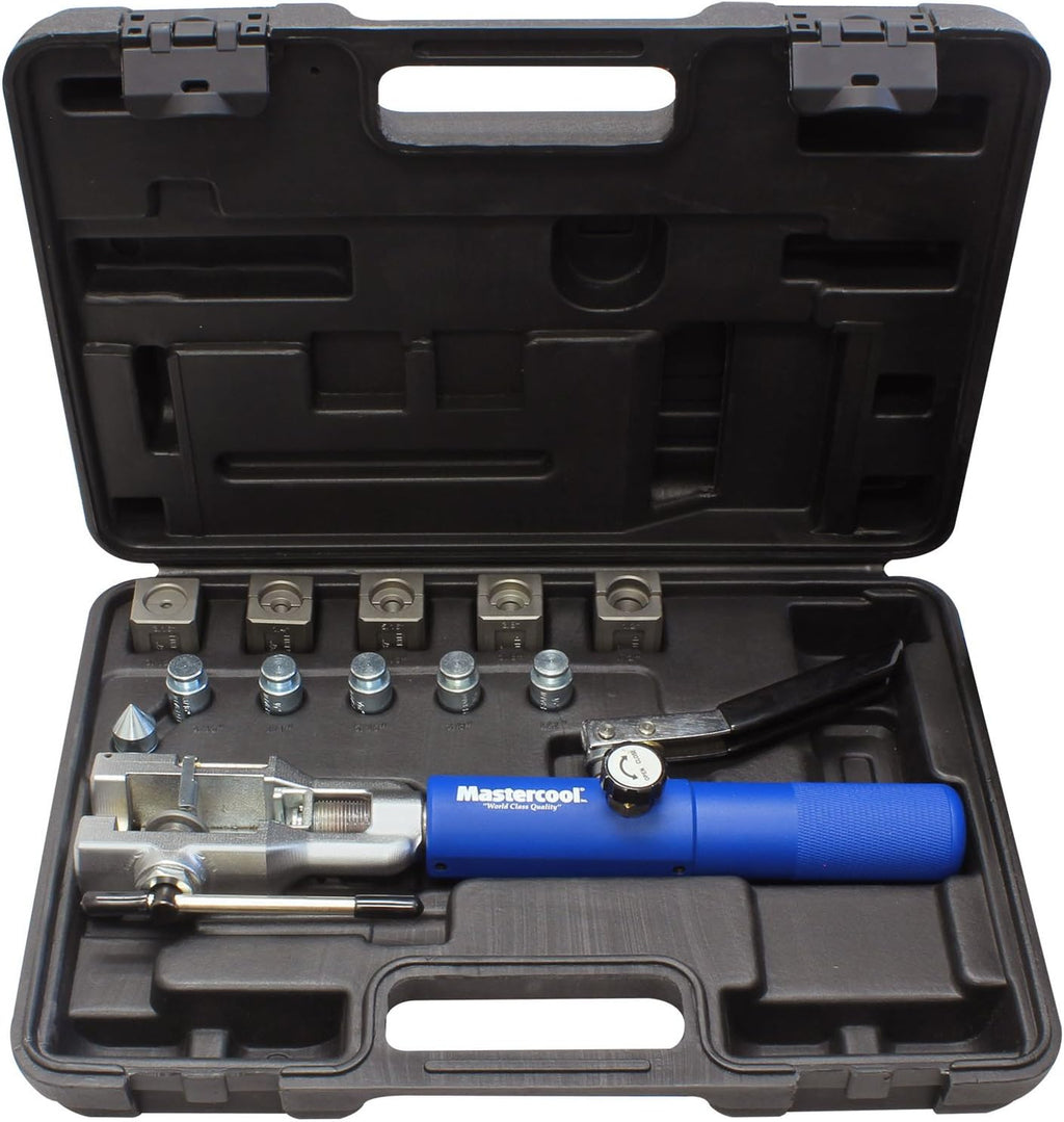 Mastercool 72480 Hydraulic an Flaring Tool Kit – 37° & 37° Double Flares for an Fittings, Aviation & Specialty Automotive – Works with Steel & Light Stainless Tubing – Includes Hydraulic Ram & Dies