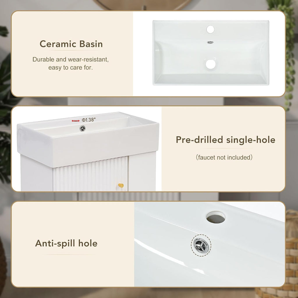 21.6-inch Bathroom Vanity with Sink, Wall-Mounted Vanity Storage Cabinet with One Door & Right Two-Tier Shelf, Solid Wood Organizer with Ceramic Sink for Bathroom, White