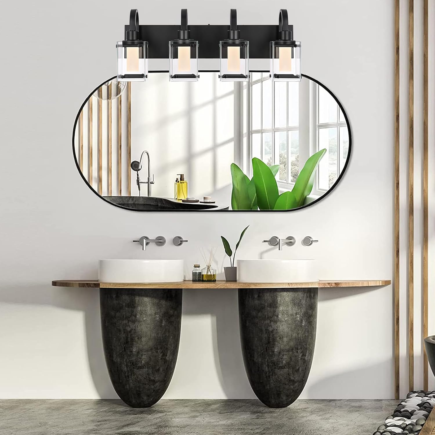 LED Modern Bathroom Vanity Lights, 4 Lights Black Bathroom Light Fixtures for Dressing Room, Integrated LED Chips, Frosted Column with Clear Square Glass Shade, Energy Saving Wall Sconce