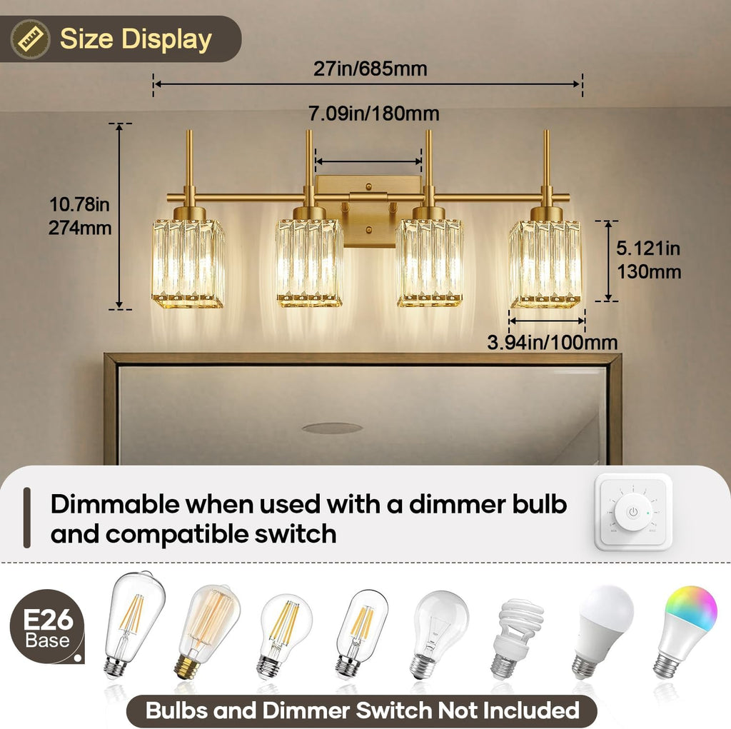 Torondo Modern Crystal Bathroom Vanity Light 4-Lights Brushed Gold Bathroom Light Fixtures Over Mirror Brushed Gold Vanity Lighting Fixtures Square Shade Brass Wall Sconce (Bulbs Not Include)