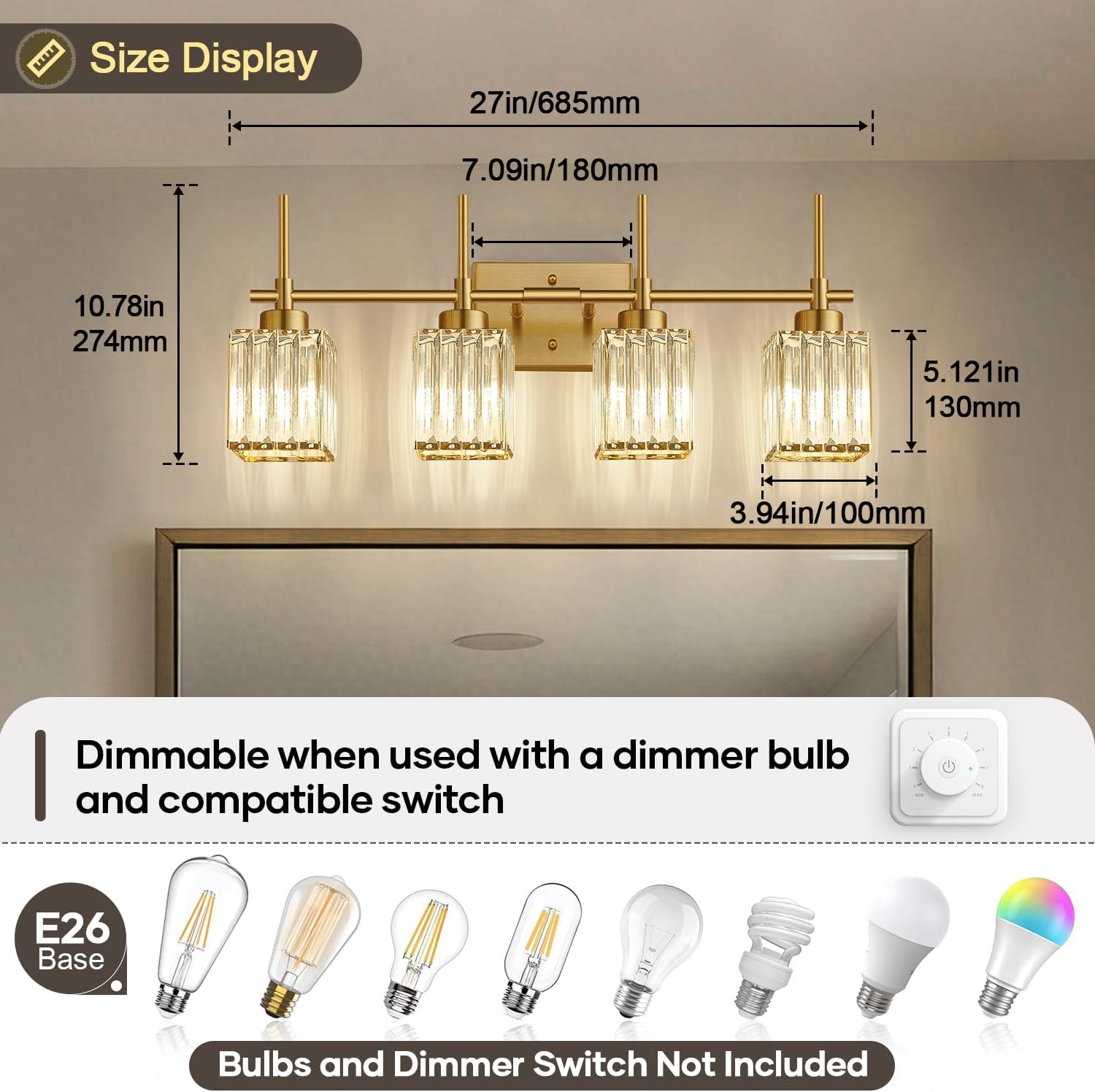 Torondo Modern Crystal Bathroom Vanity Light 4-Lights Brushed Gold Bathroom Light Fixtures Over Mirror Brushed Gold Vanity Lighting Fixtures Square Shade Brass Wall Sconce (Bulbs Not Include)
