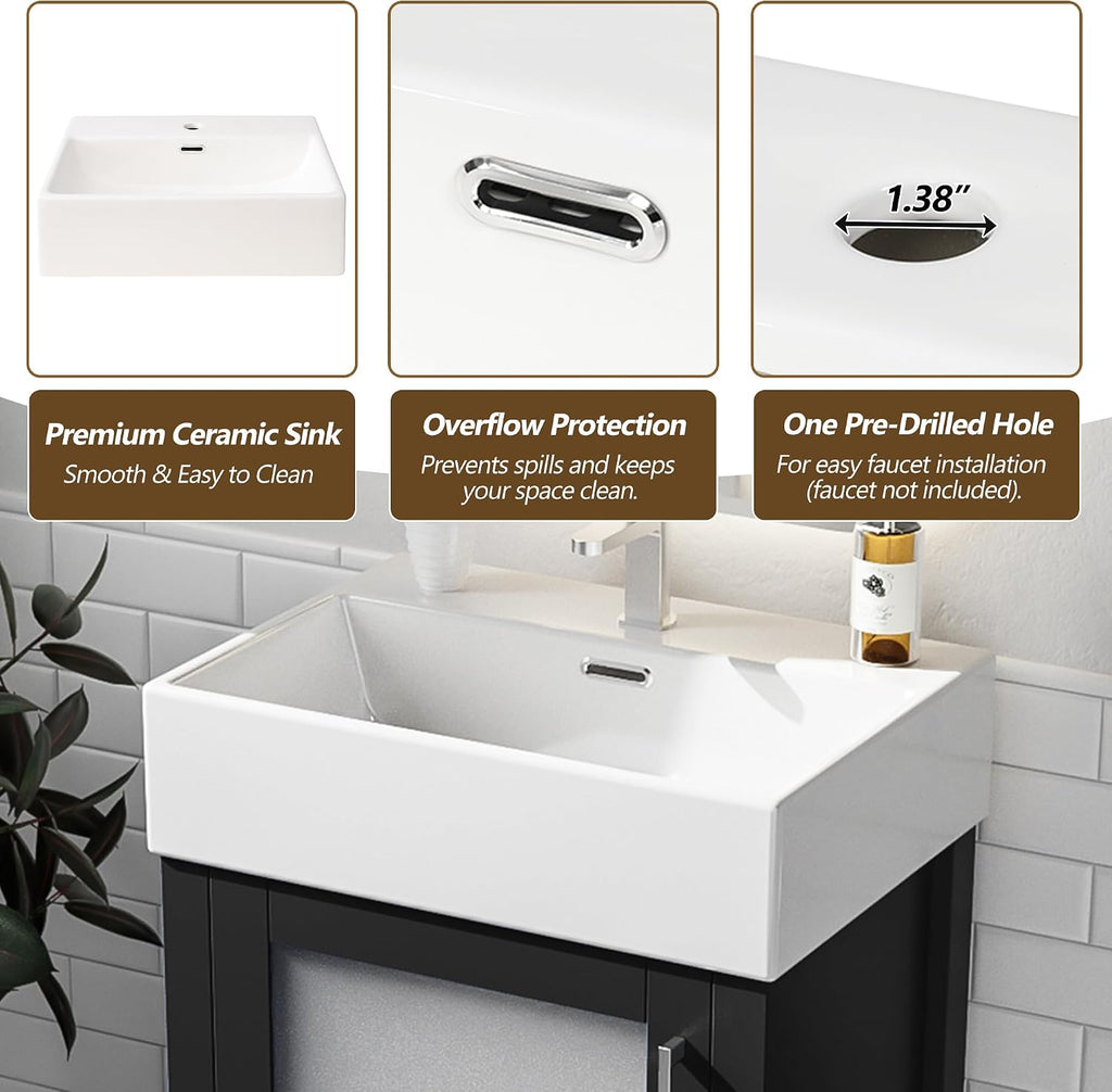 20-inch Bathroom Vanity with Sink Combo Set, Free Standing Single Storage Cabinet with Soft Closing Doors & One Drawer, Solid Wood Vanity Organizer with Ceramic Basin for Bathroom, Black